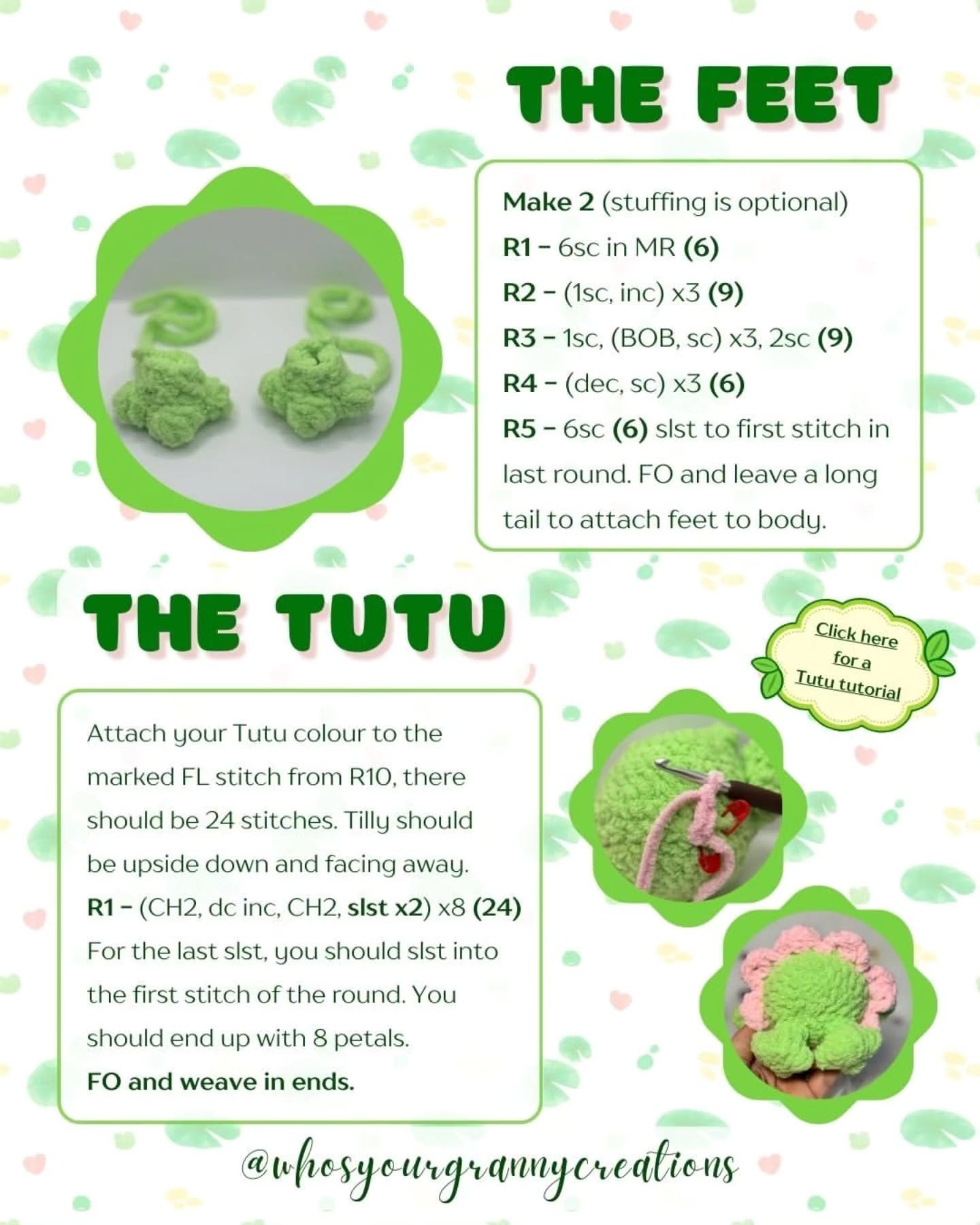 Free Crochet Pattern for Tilly the Tutu Frog - Cute Green Amigurumi with Pink Skirt by Who's Your Granny Creations