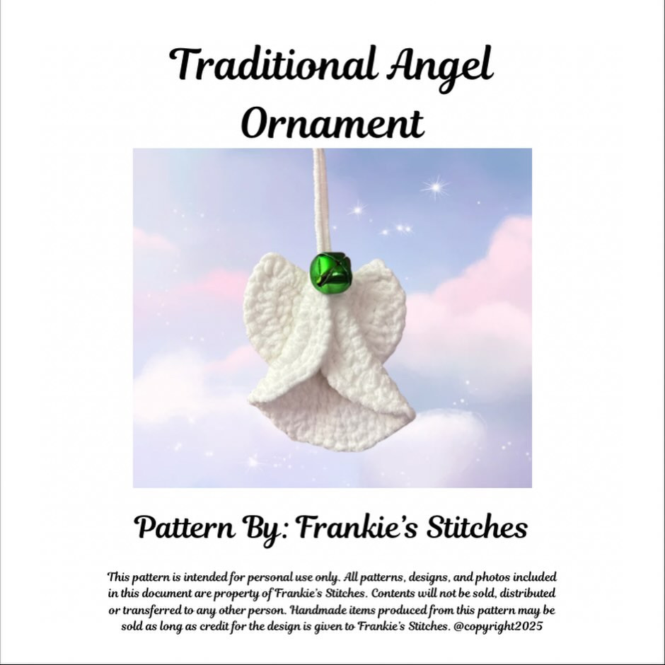 Free Crochet Pattern for Traditional Angel Ornament with Wings and Green Bell by Frankie's Stitches