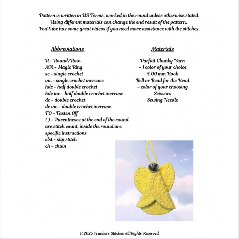 Free Crochet Pattern for Traditional Angel Ornament with Wings and Green Bell by Frankie's Stitches