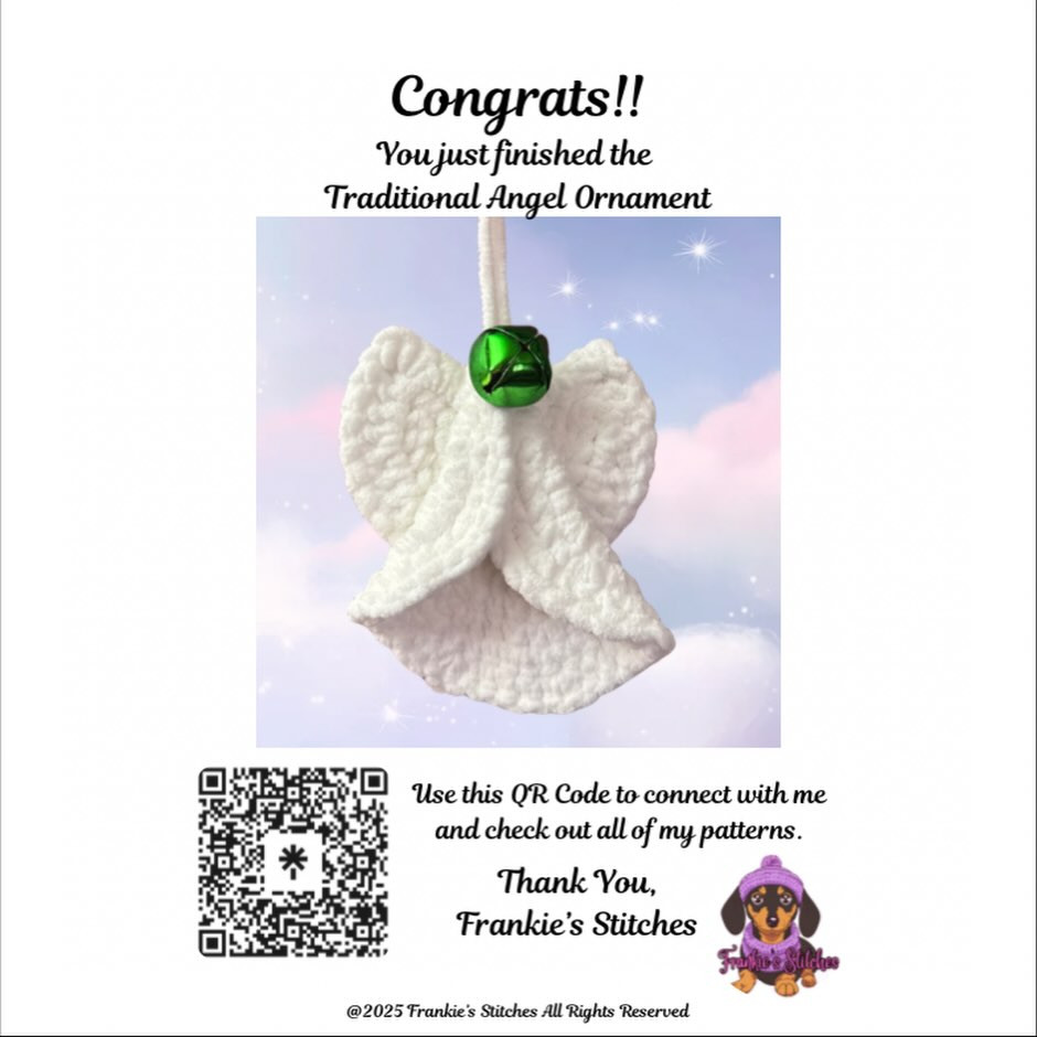 Free Crochet Pattern for Traditional Angel Ornament with Wings and Green Bell by Frankie's Stitches