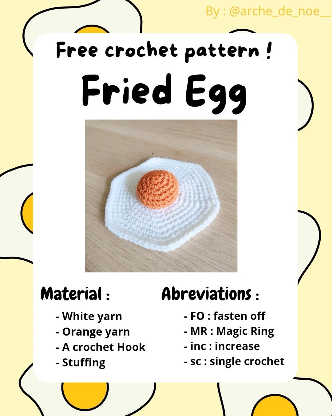 Free Crochet Pattern: Fried Egg Amigurumi - Step-by-Step Guide with White and Orange Yarn Instructions