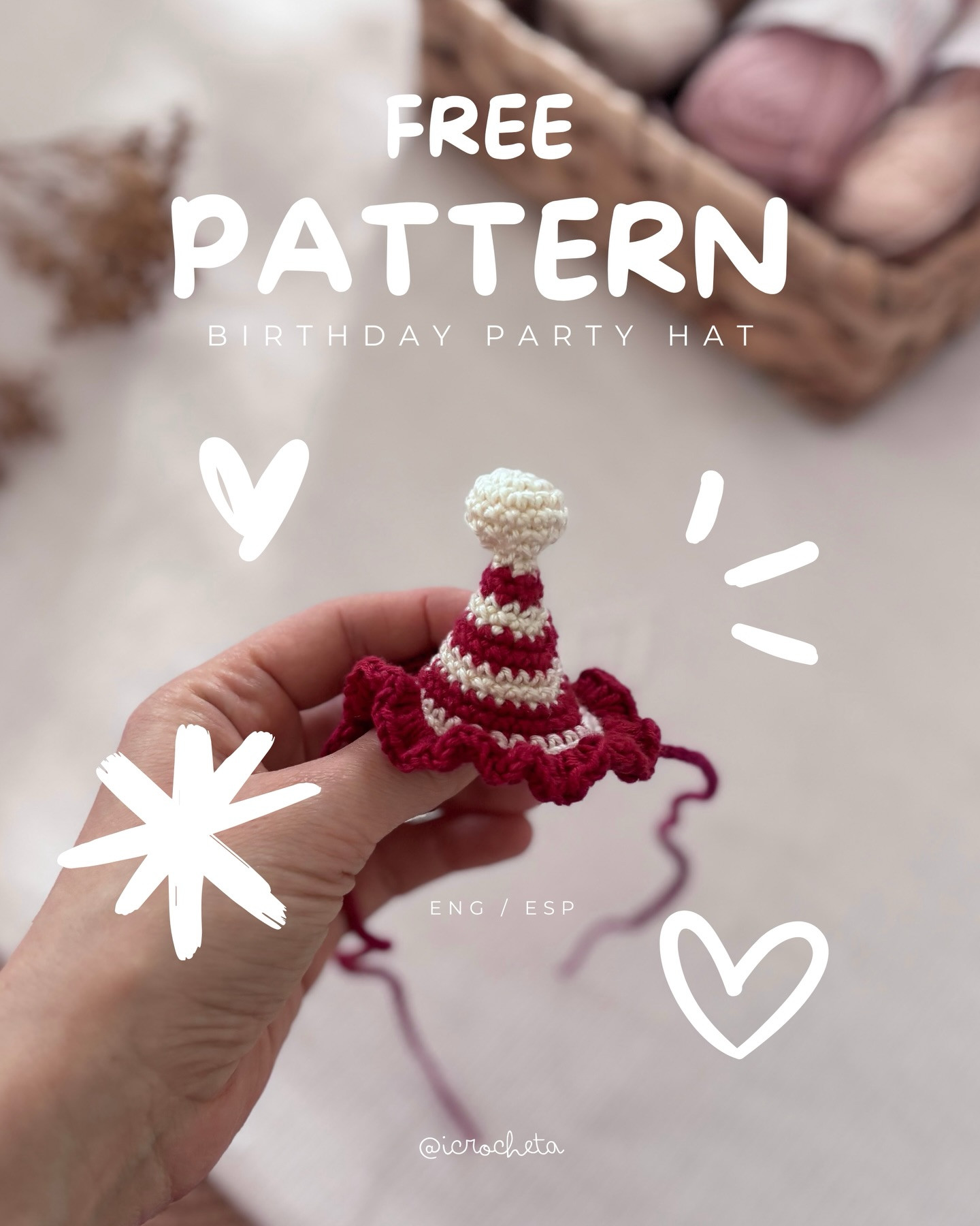 Free Crochet Pattern: Fuchsia and Cream Birthday Party Hat for Amigurumi