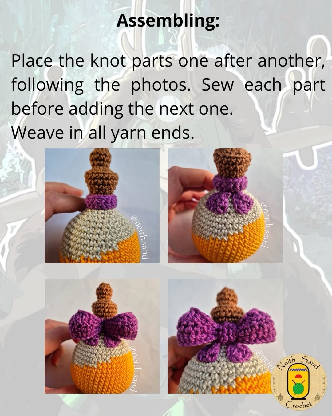 Free Crochet Pattern: Hades Inspired Nectar Vial with Purple Bow and Orange Body