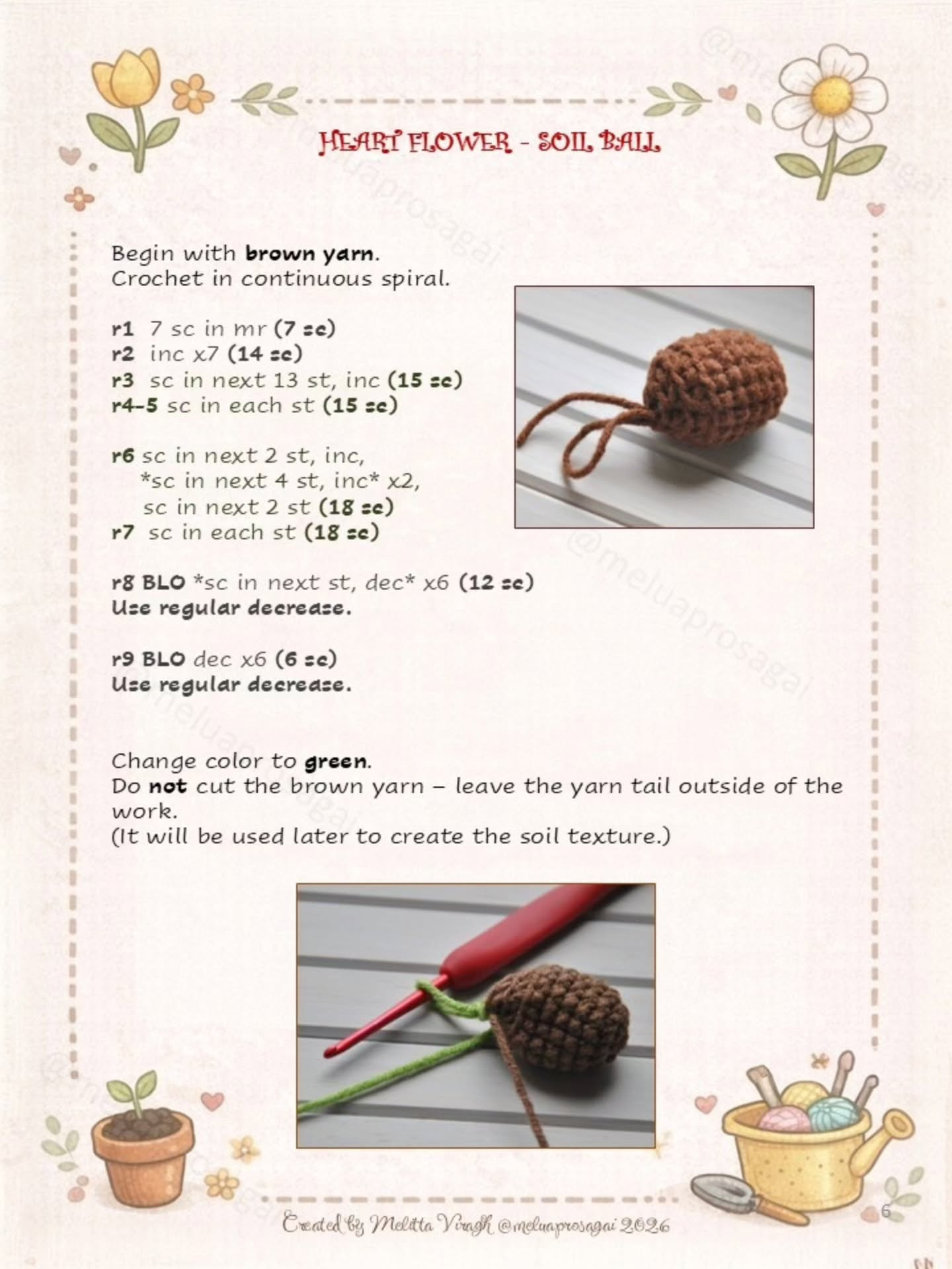 Free Crochet Pattern: Heart Flower Amigurumi with Soil Ball and Pot