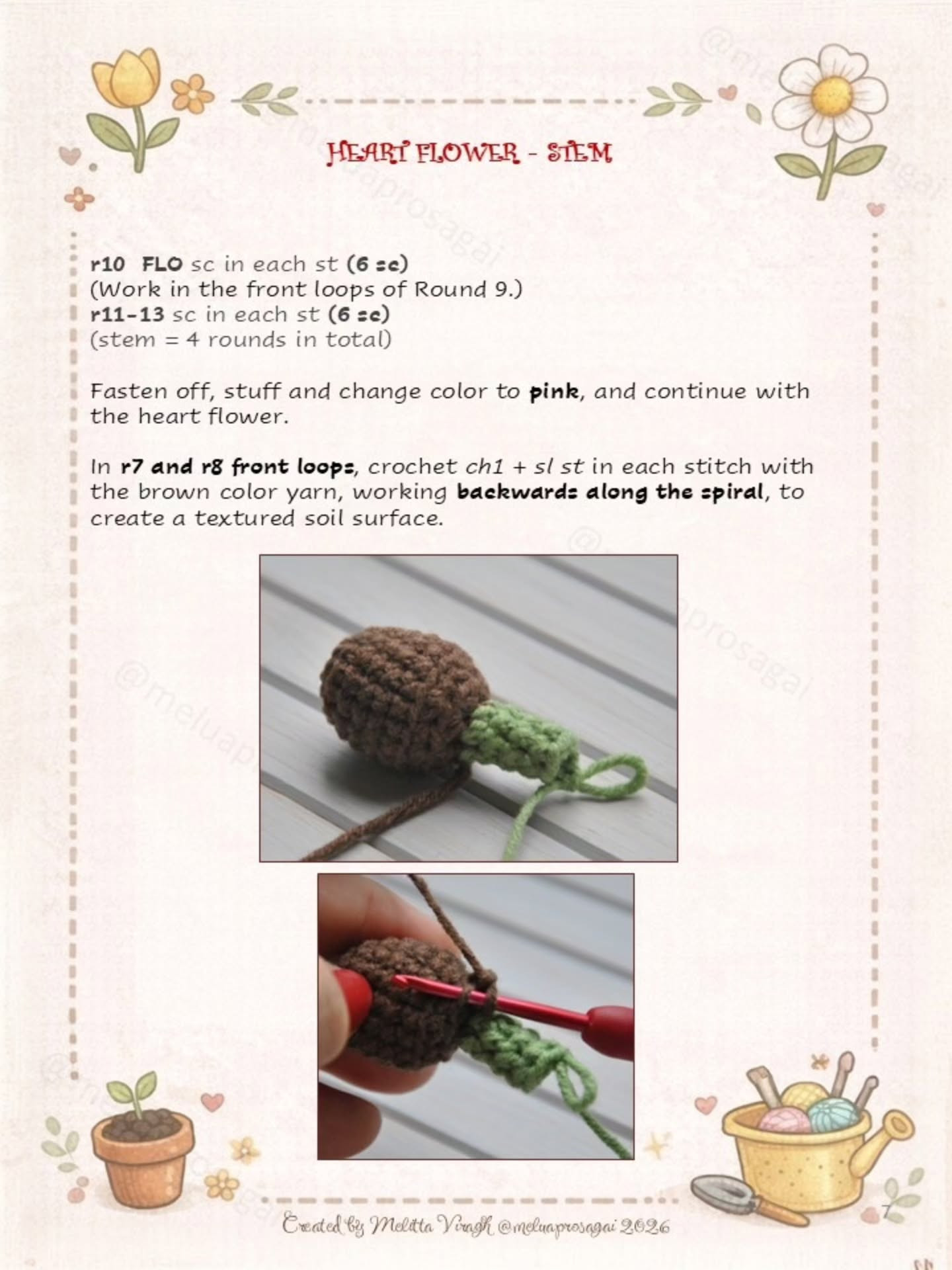 Free Crochet Pattern: Heart Flower Amigurumi with Soil Ball and Pot
