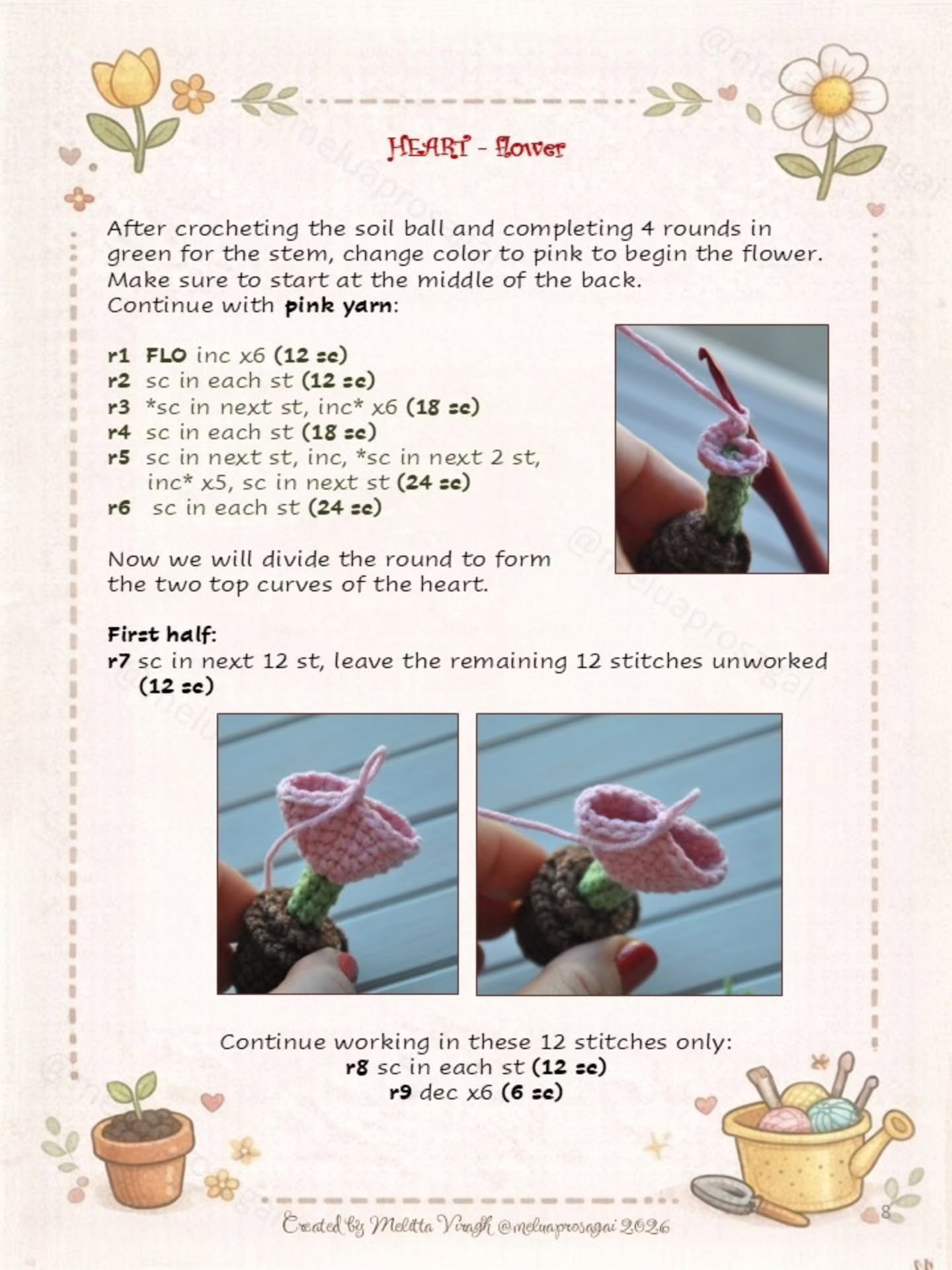 Free Crochet Pattern: Heart Flower Amigurumi with Soil Ball and Pot