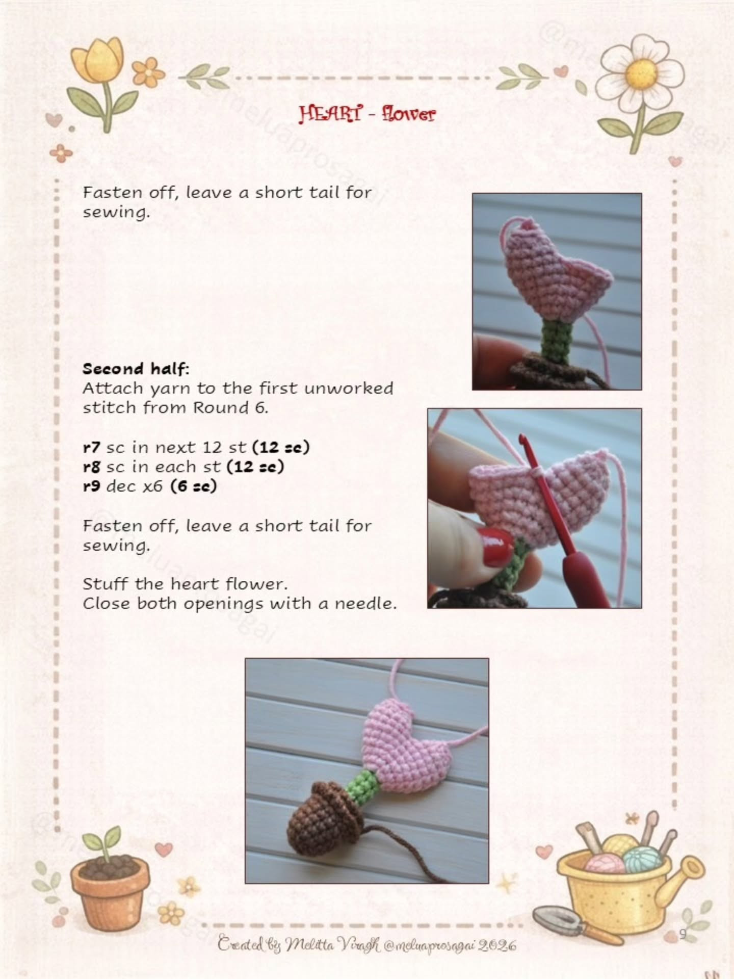 Free Crochet Pattern: Heart Flower Amigurumi with Soil Ball and Pot