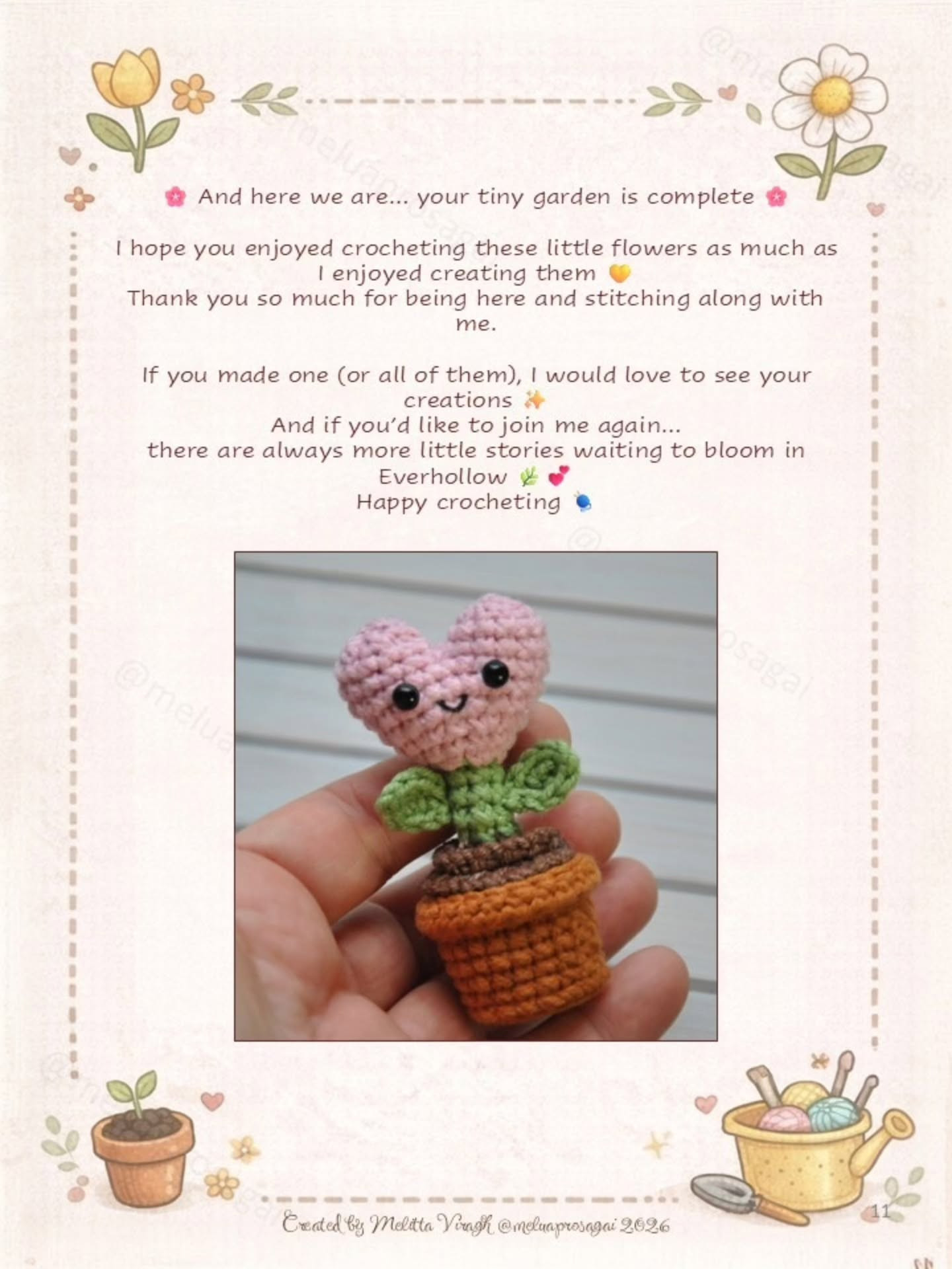 Free Crochet Pattern: Heart Flower Amigurumi with Soil Ball and Pot