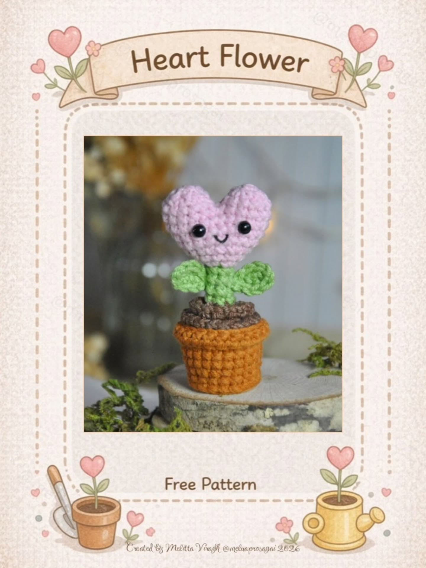 Free Crochet Pattern: Heart Flower Amigurumi with Soil Ball and Pot