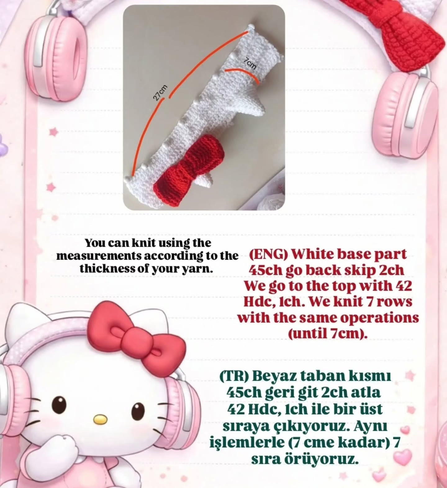 Free Crochet Pattern: Hello Kitty Inspired Headband Cover with Cat Ears and Red Bow