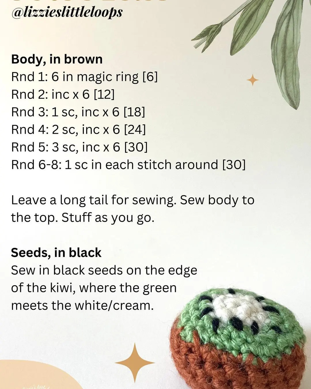 Free Crochet Pattern: How to Make Half Kiwi Amigurumi with Yarn Materials and Stitch Instructions
