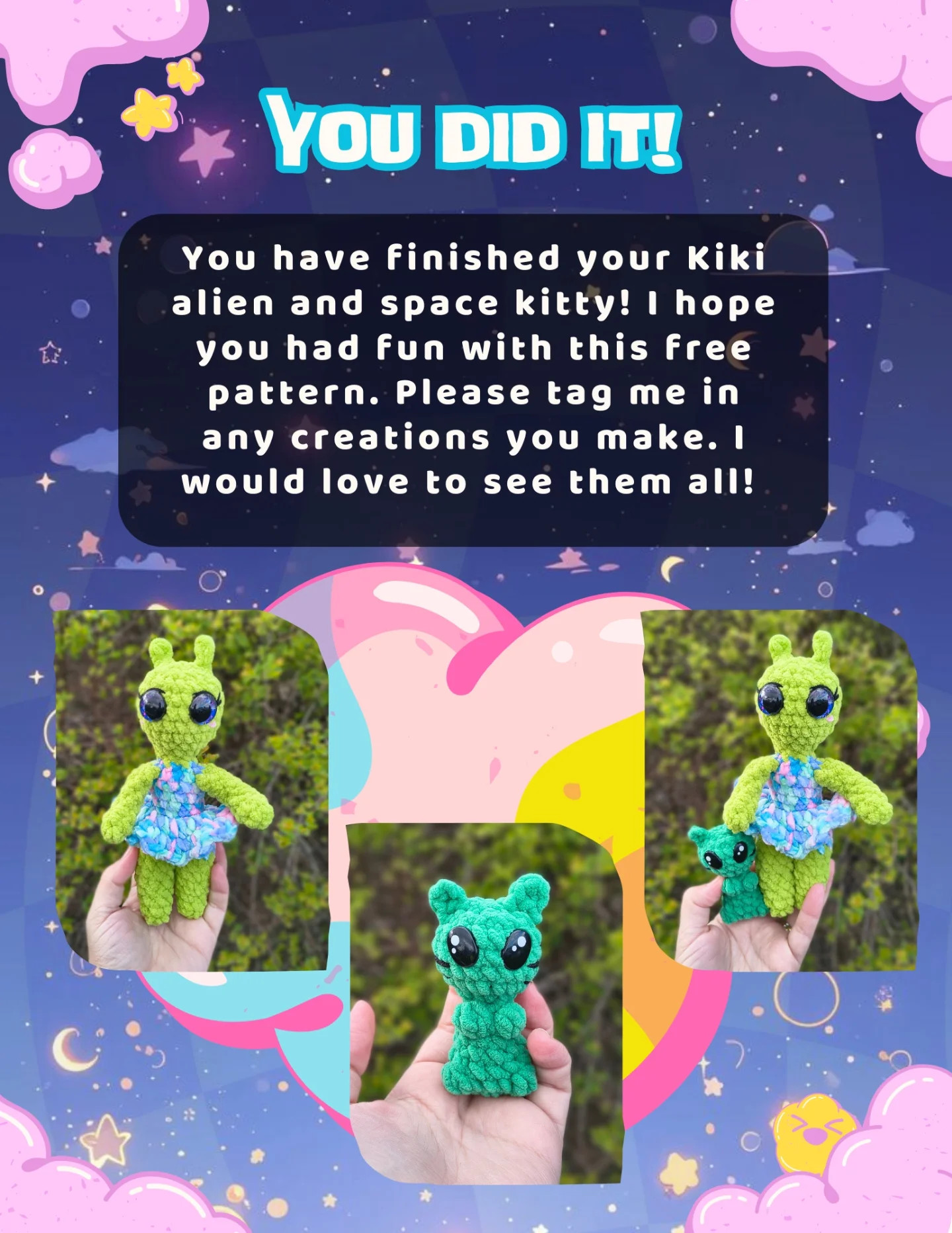 Free Crochet Pattern: Kiki the Alien Girl & Kitty Amigurumi