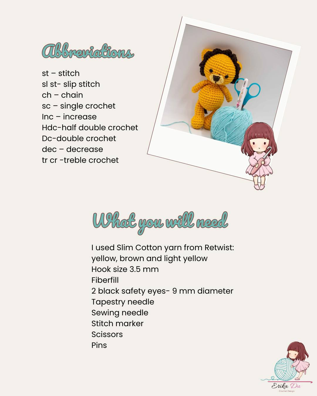 Free Crochet Pattern: Lewis the Lion Amigurumi Doll with Yellow and Brown Mane