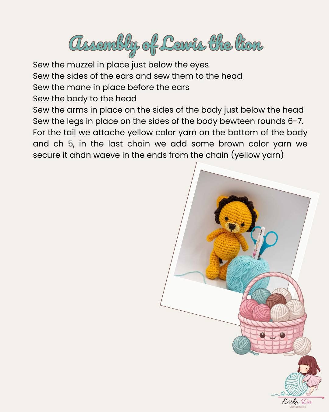 Free Crochet Pattern: Lewis the Lion Amigurumi Doll with Yellow and Brown Mane