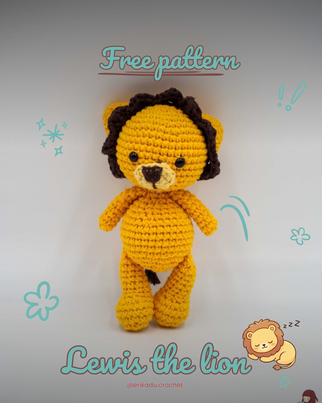 Free Crochet Pattern: Lewis the Lion Amigurumi Doll with Yellow and Brown Mane