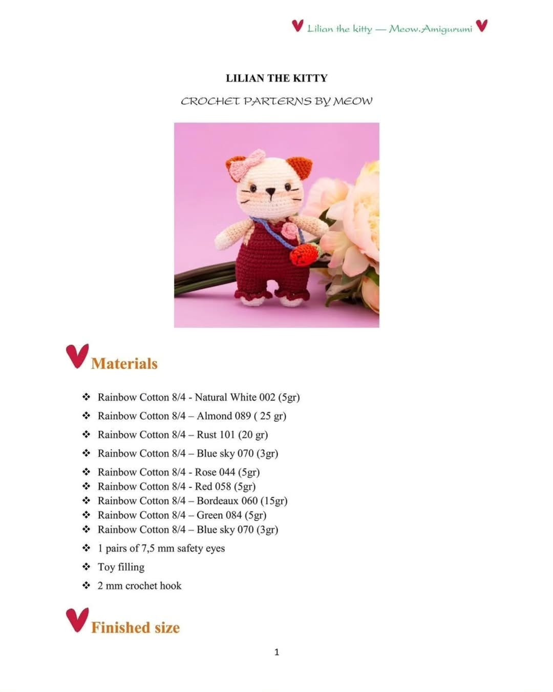 Free Crochet Pattern: Lilian the Kitty Amigurumi with Red Overalls and Strawberry Bag