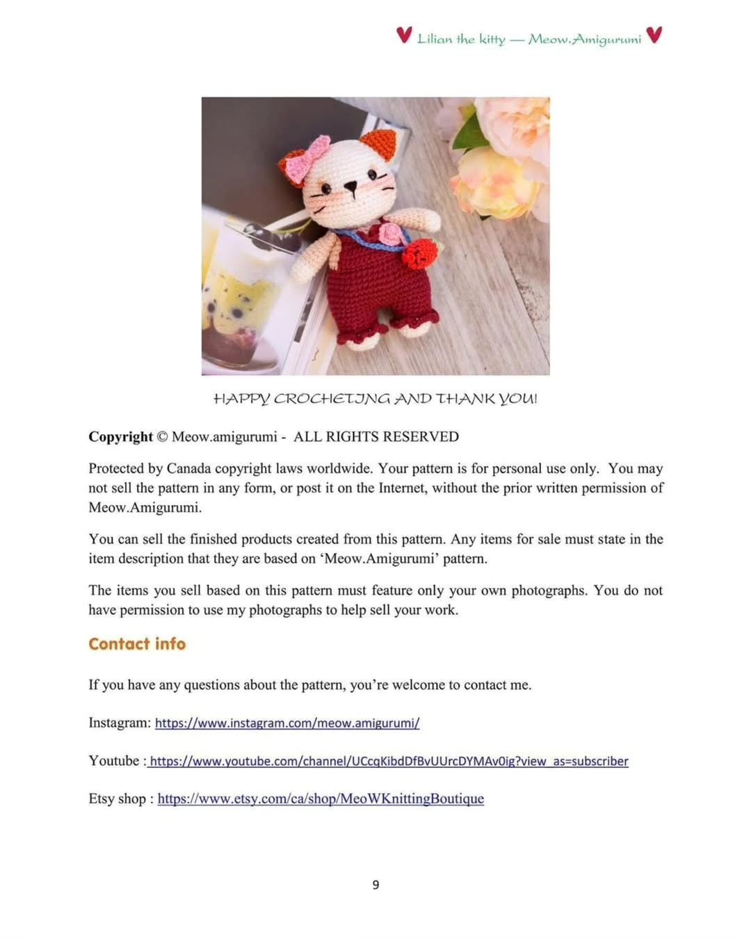Free Crochet Pattern: Lilian the Kitty Amigurumi with Red Overalls and Strawberry Bag