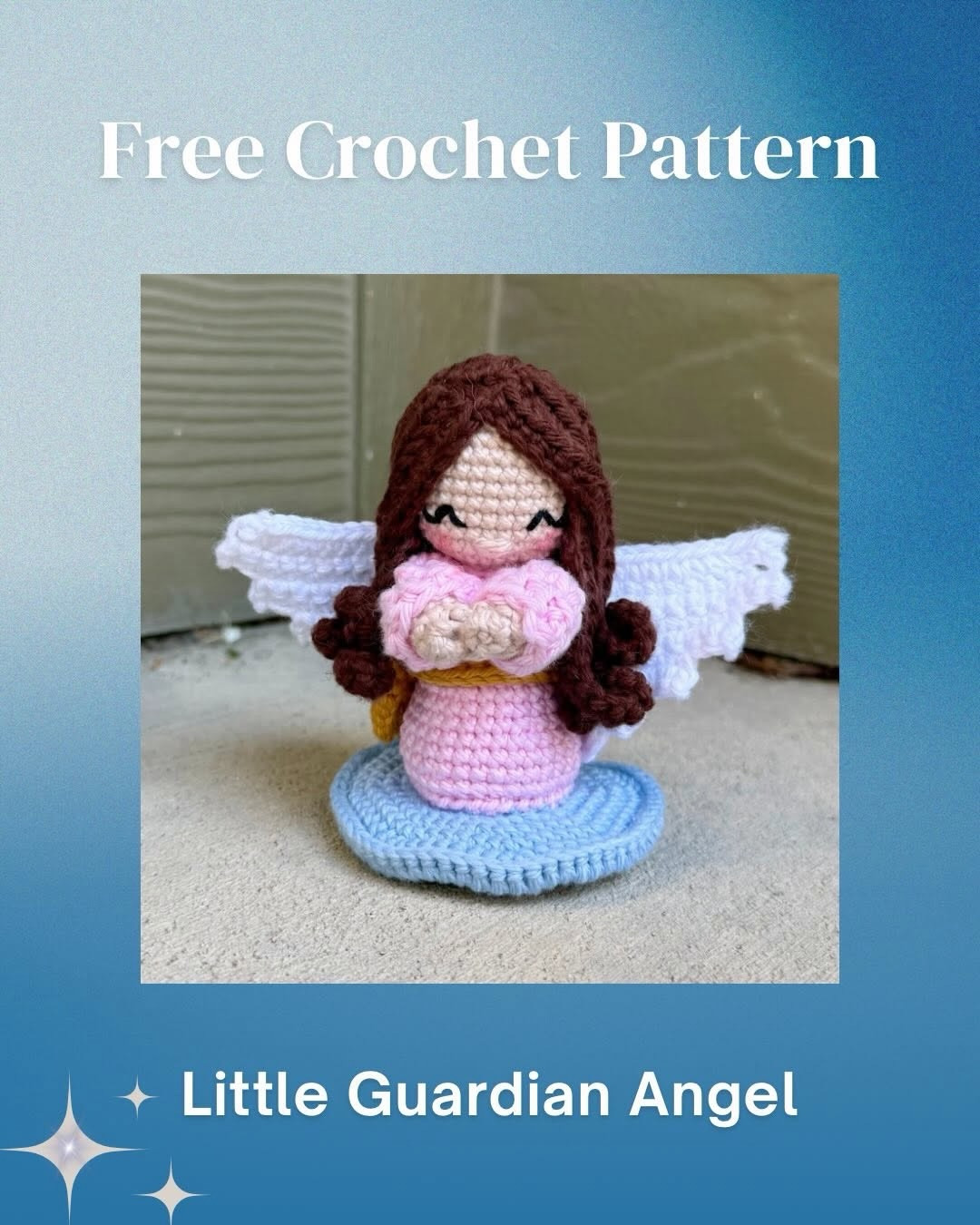 Free Crochet Pattern: Little Guardian Angel Amigurumi Doll with Brown Hair and Pink Dress
