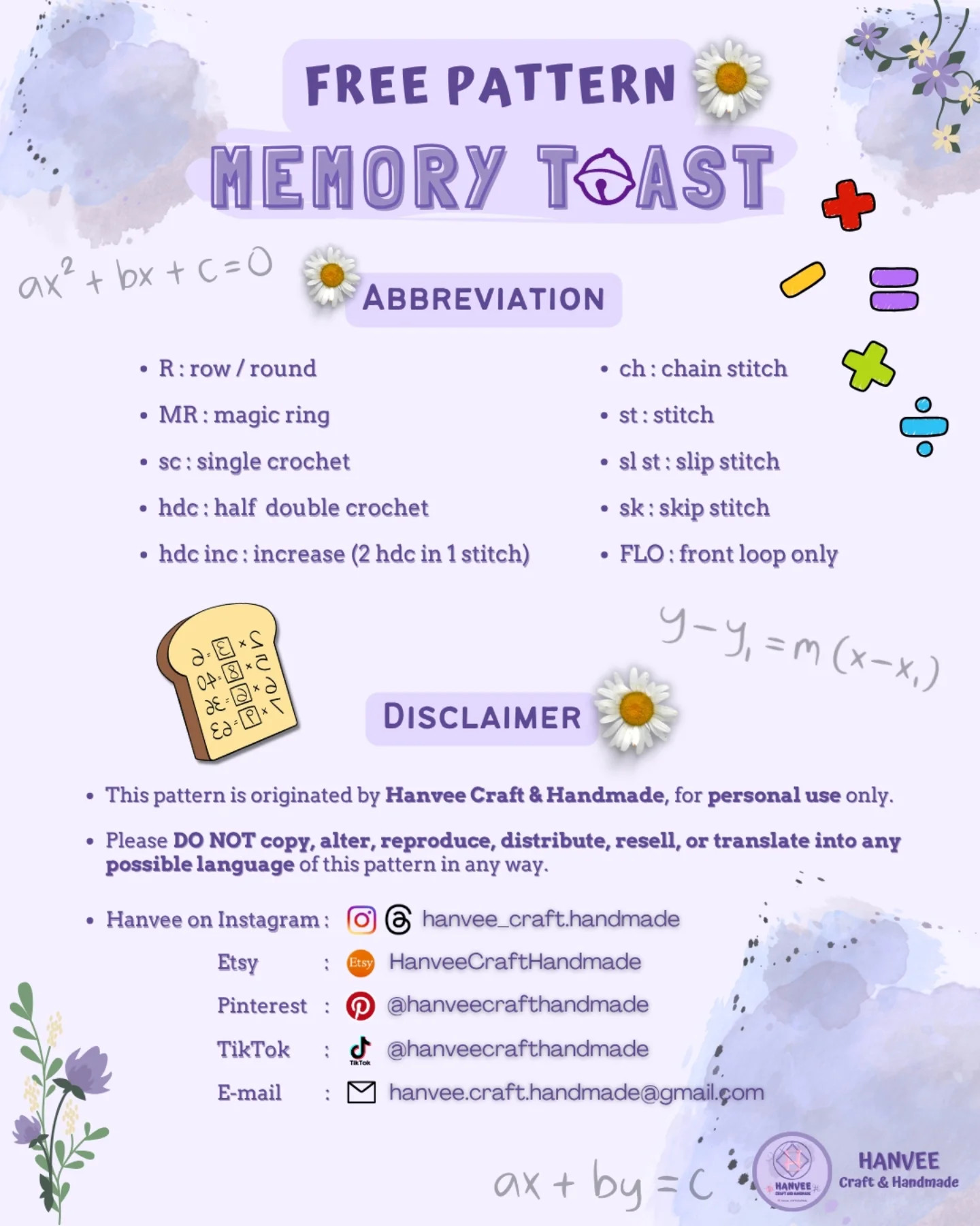 Free Crochet Pattern Memory Toast with Math Equations by Hanvee Craft