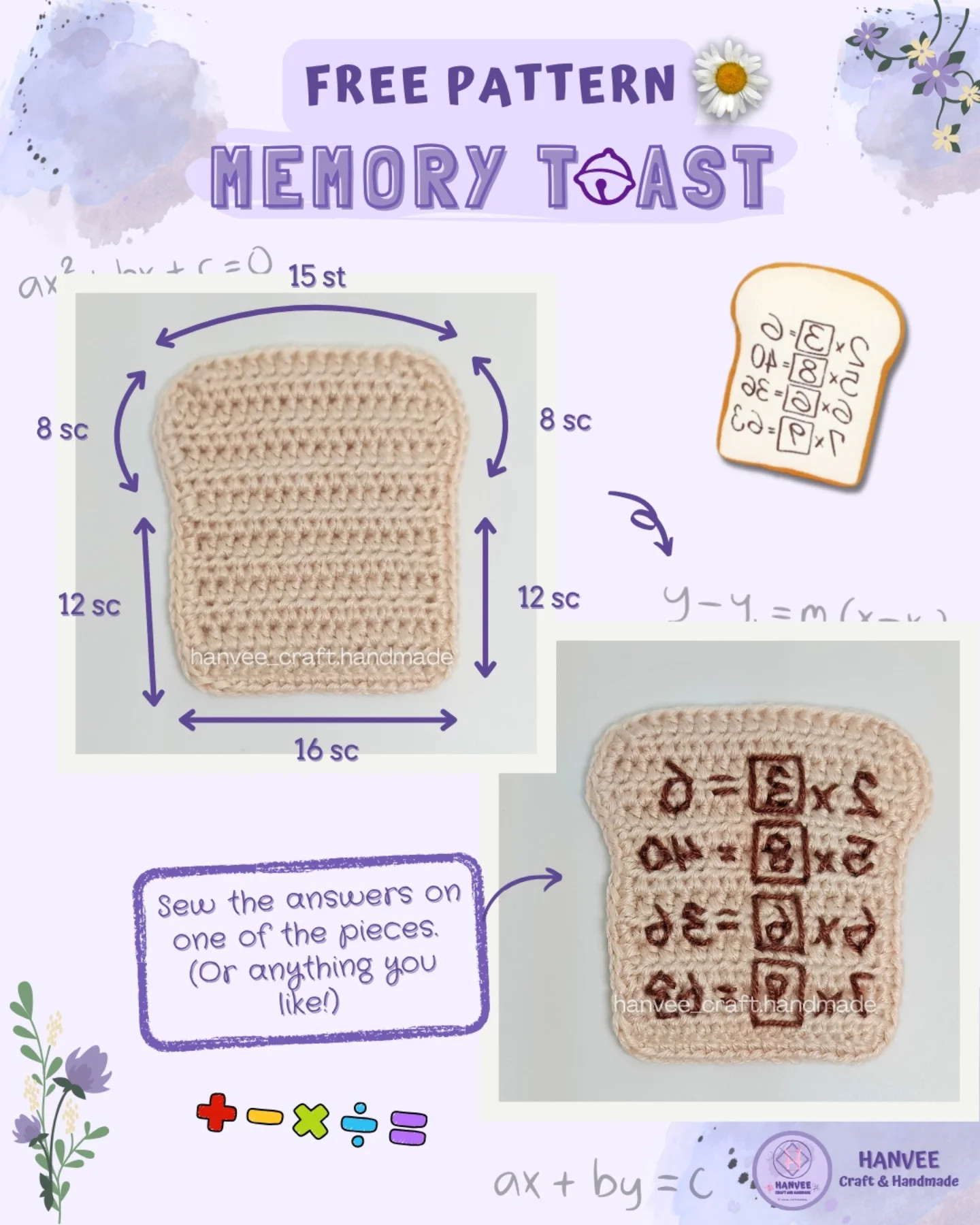 Free Crochet Pattern Memory Toast with Math Equations by Hanvee Craft