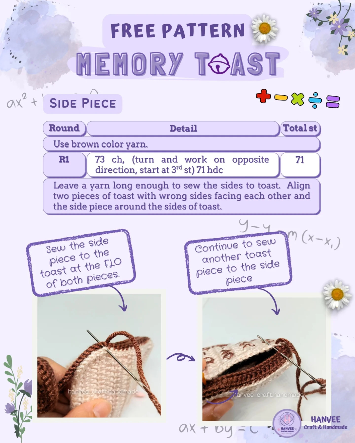 Free Crochet Pattern Memory Toast with Math Equations by Hanvee Craft