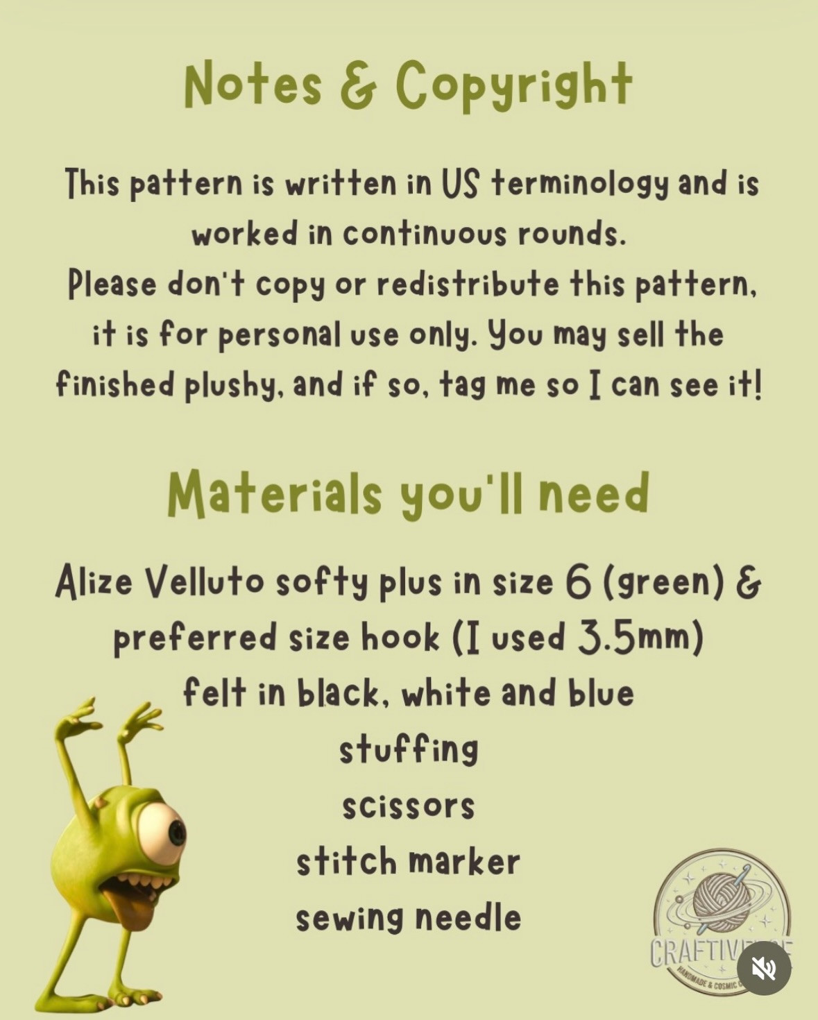 Free Crochet Pattern: Mike Wazowski Amigurumi Doll by Craftiverse