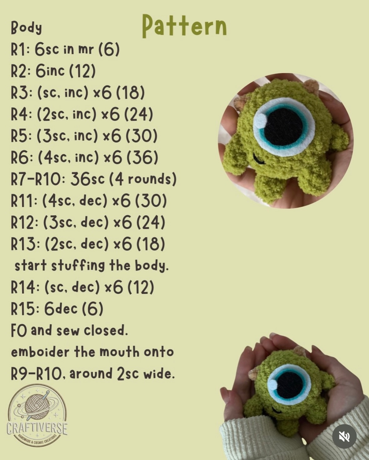 Free Crochet Pattern: Mike Wazowski Amigurumi Doll by Craftiverse