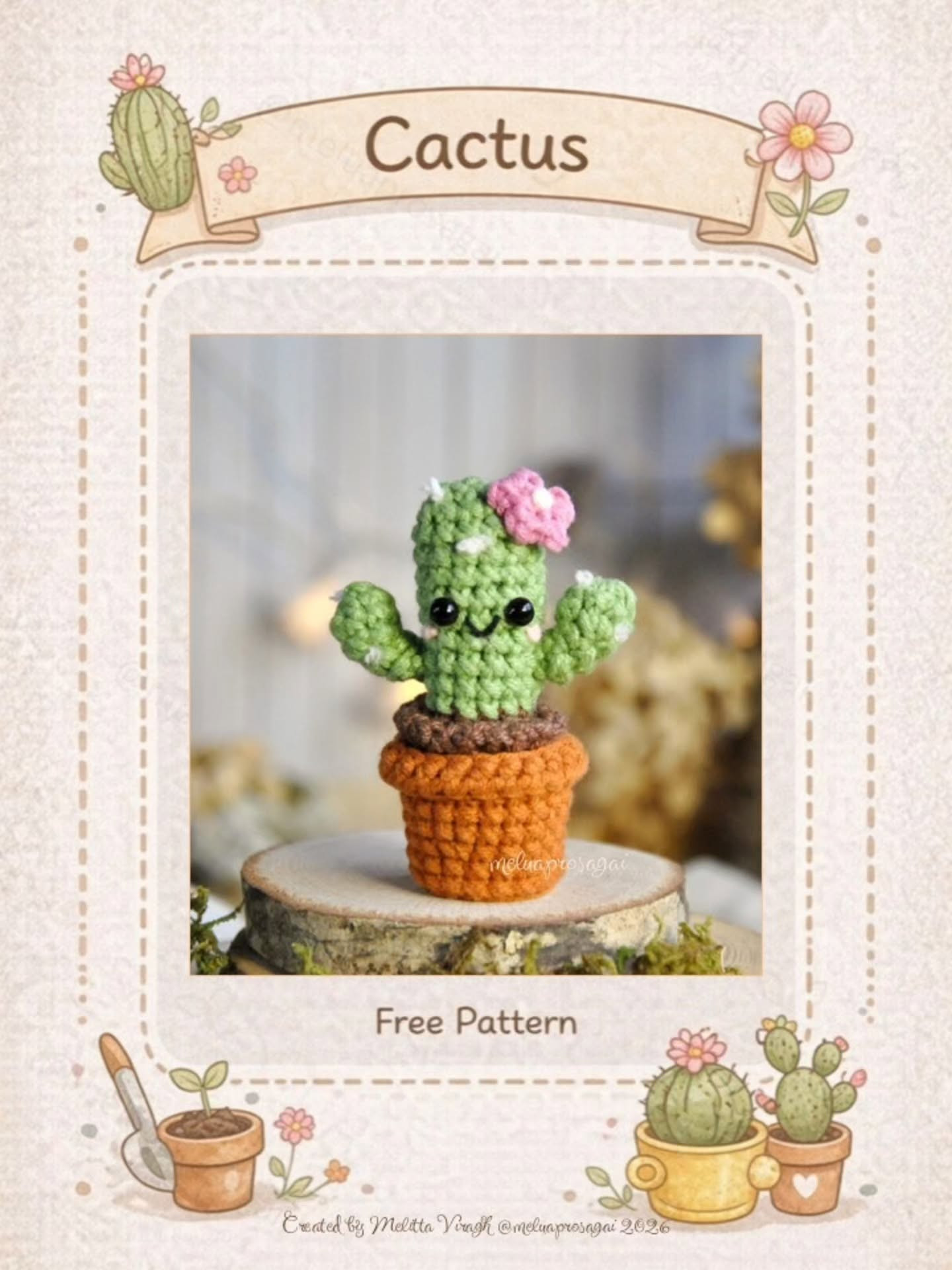 Free Crochet Pattern Mini Flowers 2: Cactus, Mushroom & Heart Flower Amigurumi