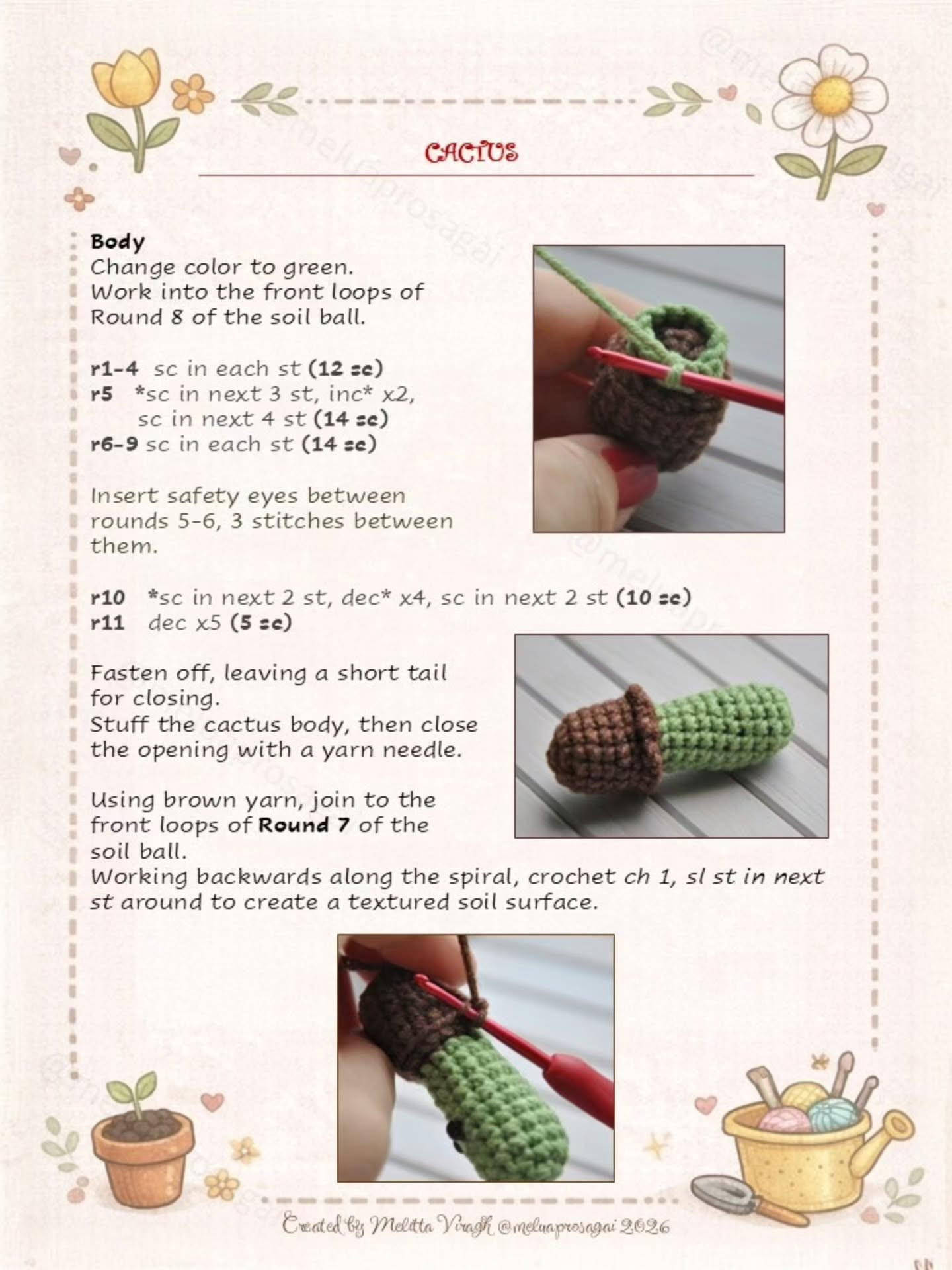 Free Crochet Pattern Mini Flowers 2: Cactus, Mushroom & Heart Flower Amigurumi
