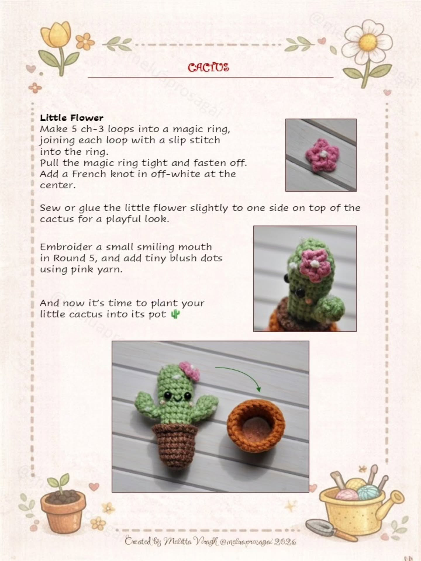 Free Crochet Pattern Mini Flowers 2: Cactus, Mushroom & Heart Flower Amigurumi