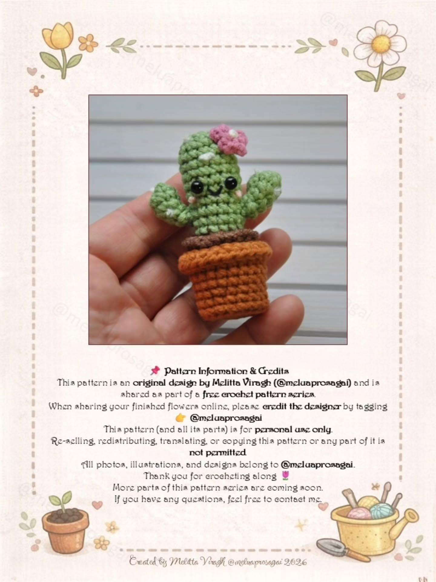 Free Crochet Pattern Mini Flowers 2: Cactus, Mushroom & Heart Flower Amigurumi