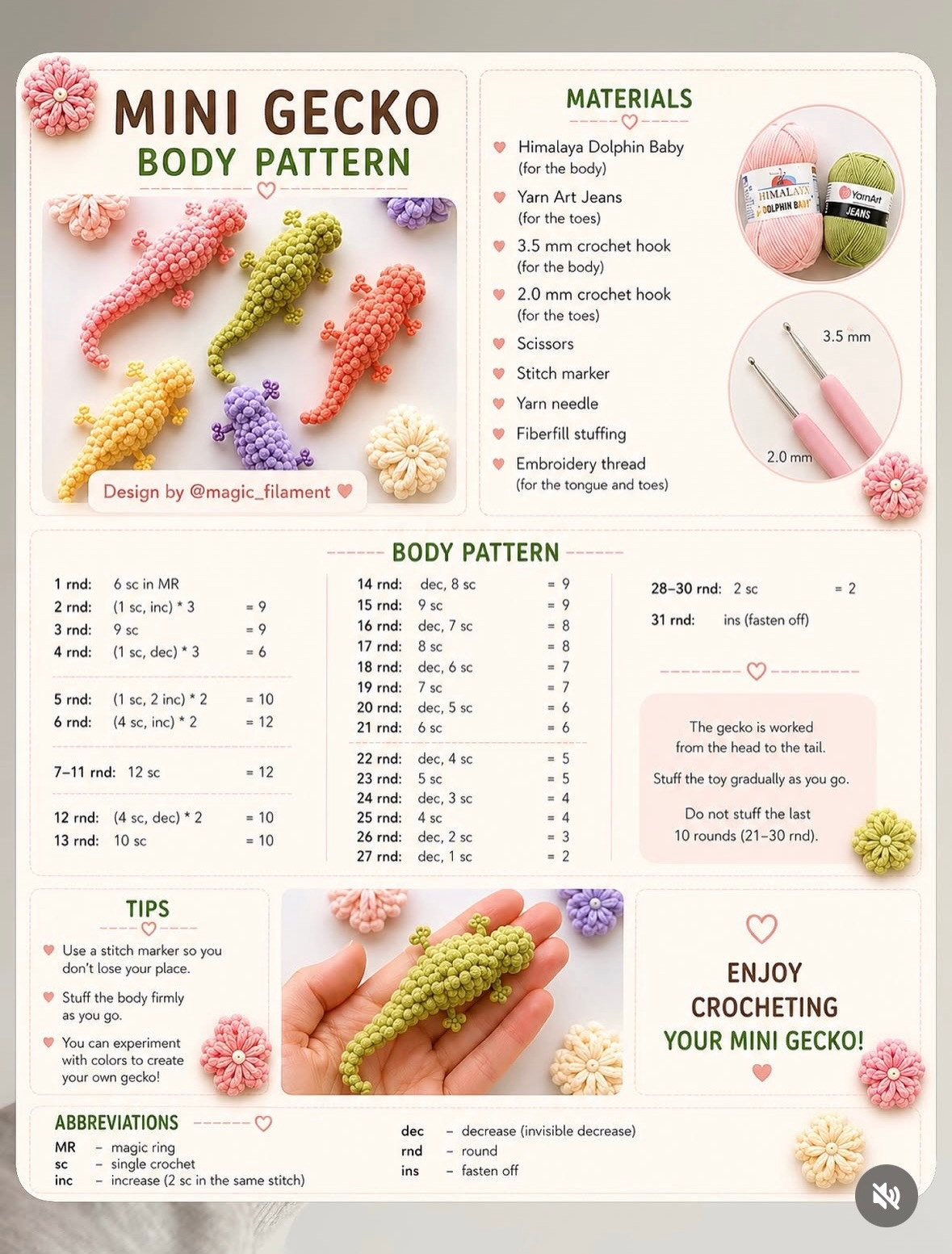 Free Crochet Pattern: Mini Gecko and Butterfly Amigurumi Tutorial with Materials List
