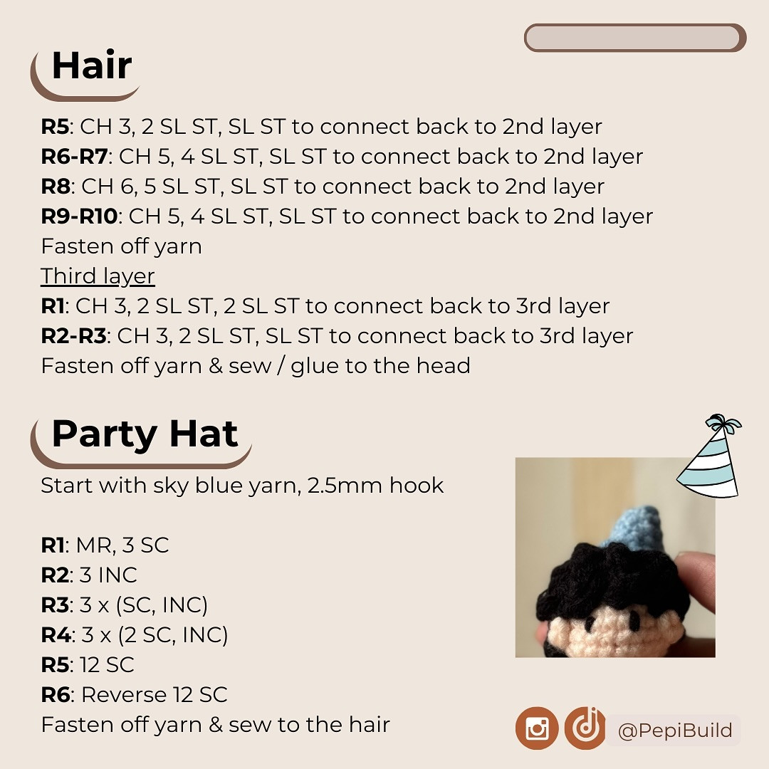 Free Crochet Pattern: Mini Hao Amigurumi Doll with Blue Party Hat