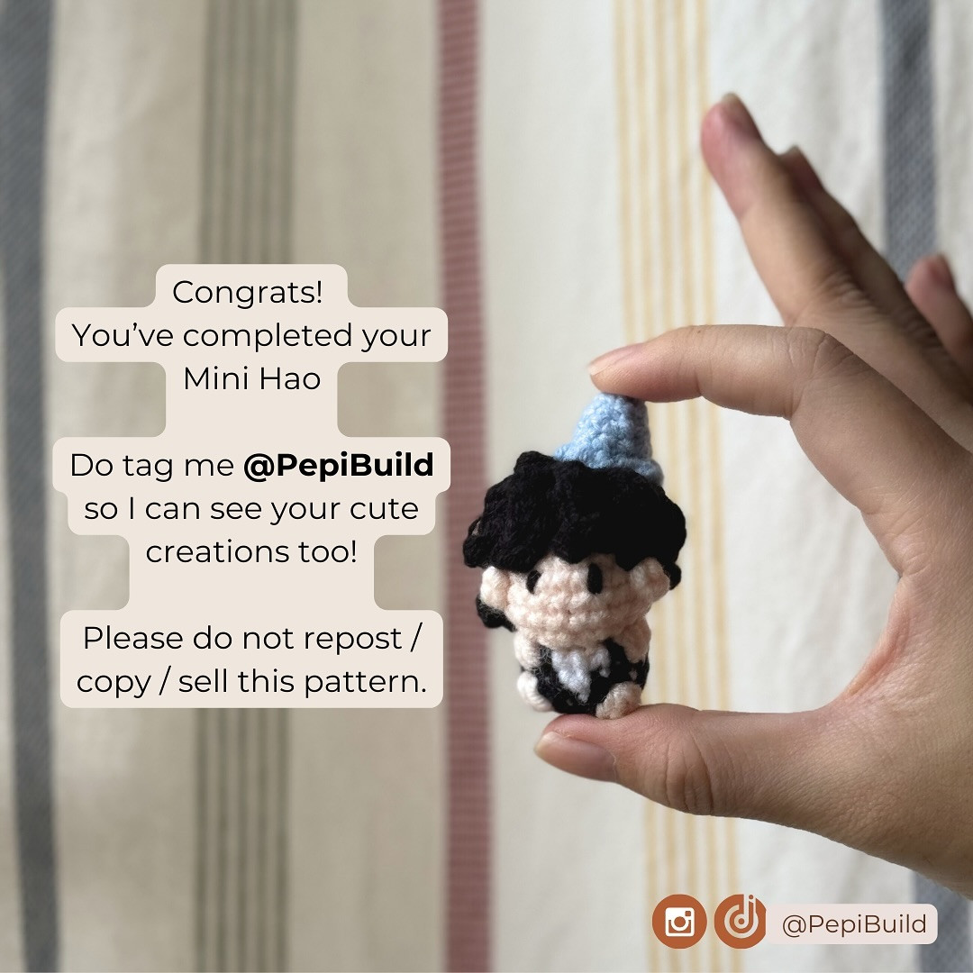 Free Crochet Pattern: Mini Hao Amigurumi Doll with Blue Party Hat