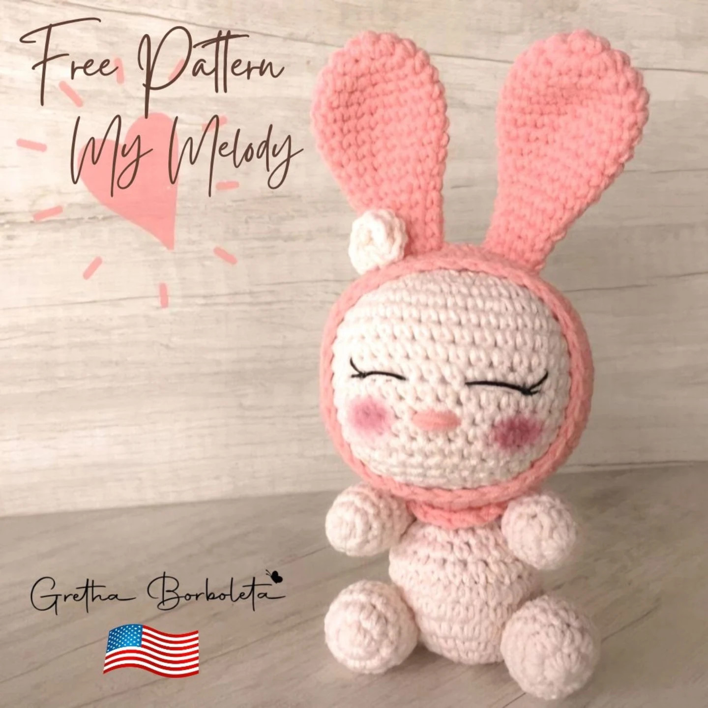 Free Crochet Pattern My Melody Amigurumi Doll with Pink Ears Hood and Cute Sleeping Face Design