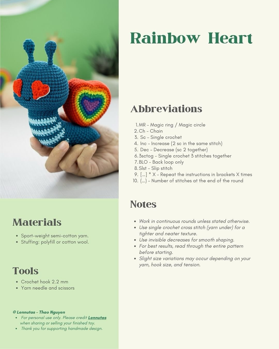 Free Crochet Pattern: Rainbow Heart Amigurumi by Lennutas - Colorful DIY Tutorial