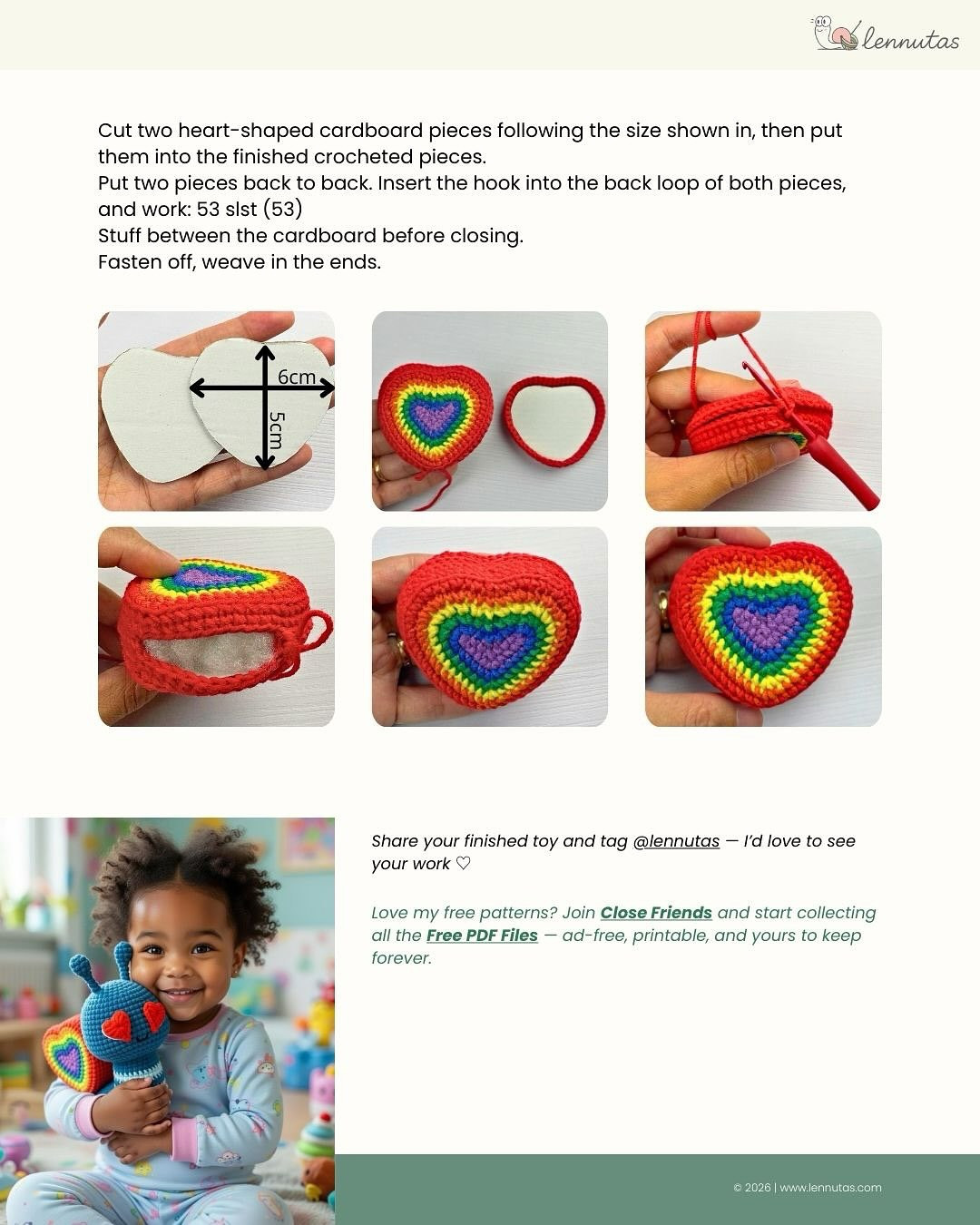 Free Crochet Pattern: Rainbow Heart Amigurumi by Lennutas - Colorful DIY Tutorial