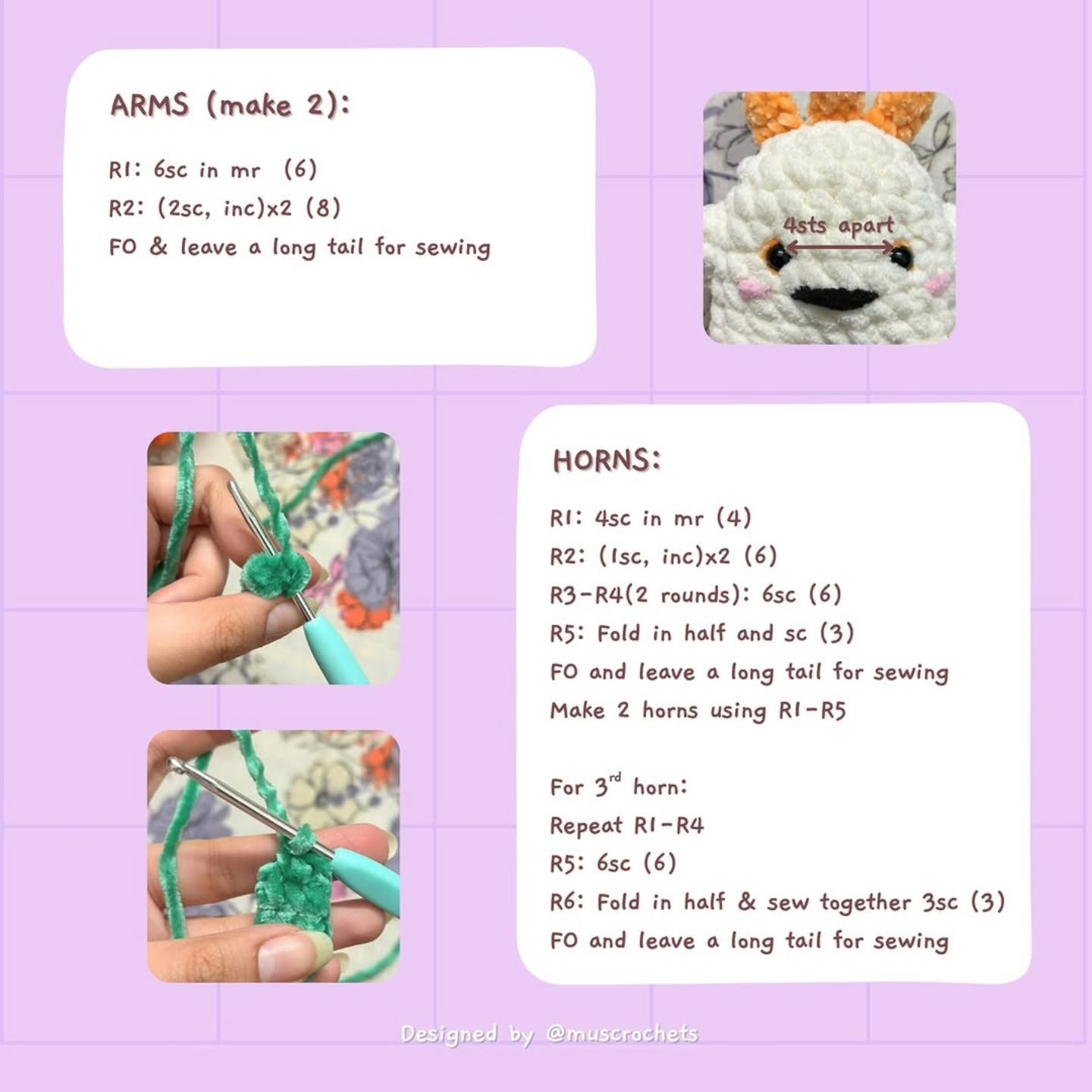 Free Crochet Pattern Trixie: Cute White Amigurumi Monster with Orange Horns