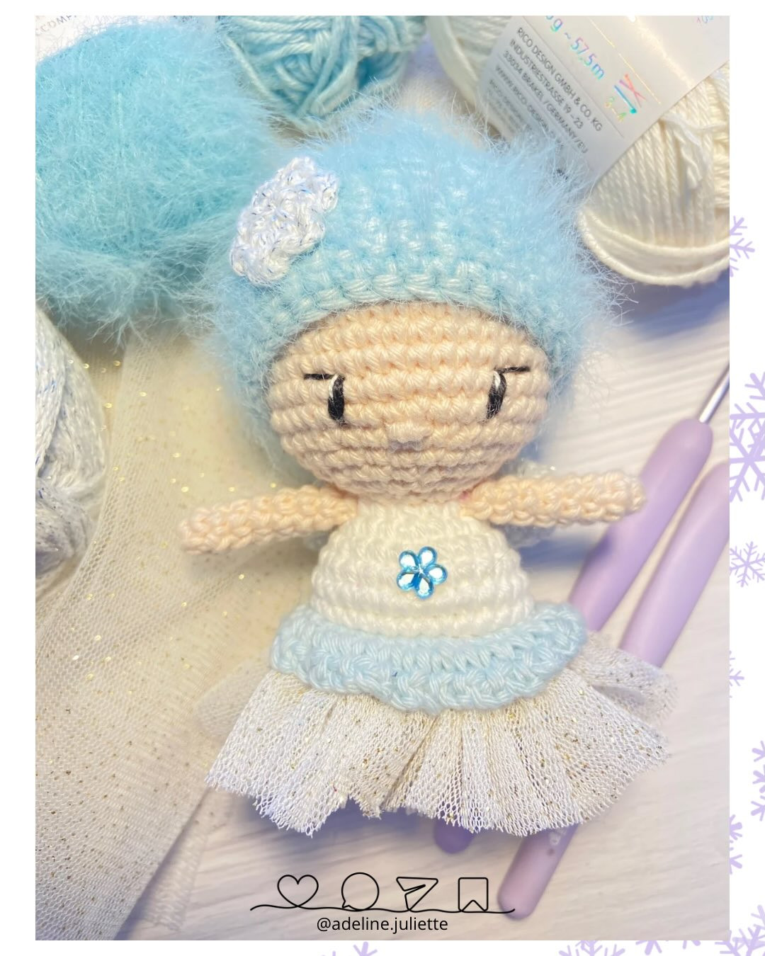 Free Crochet Pattern: Winter Fairy Amigurumi Doll with Blue Hat and Flower Bouquet