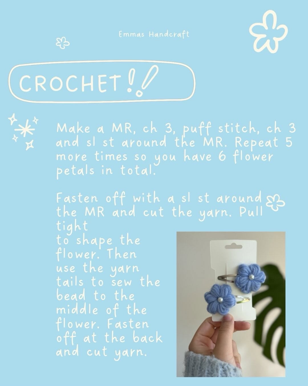 Free Crochet Puff Stitch Flower Hair Clip Pattern by Emmas Handcraft
