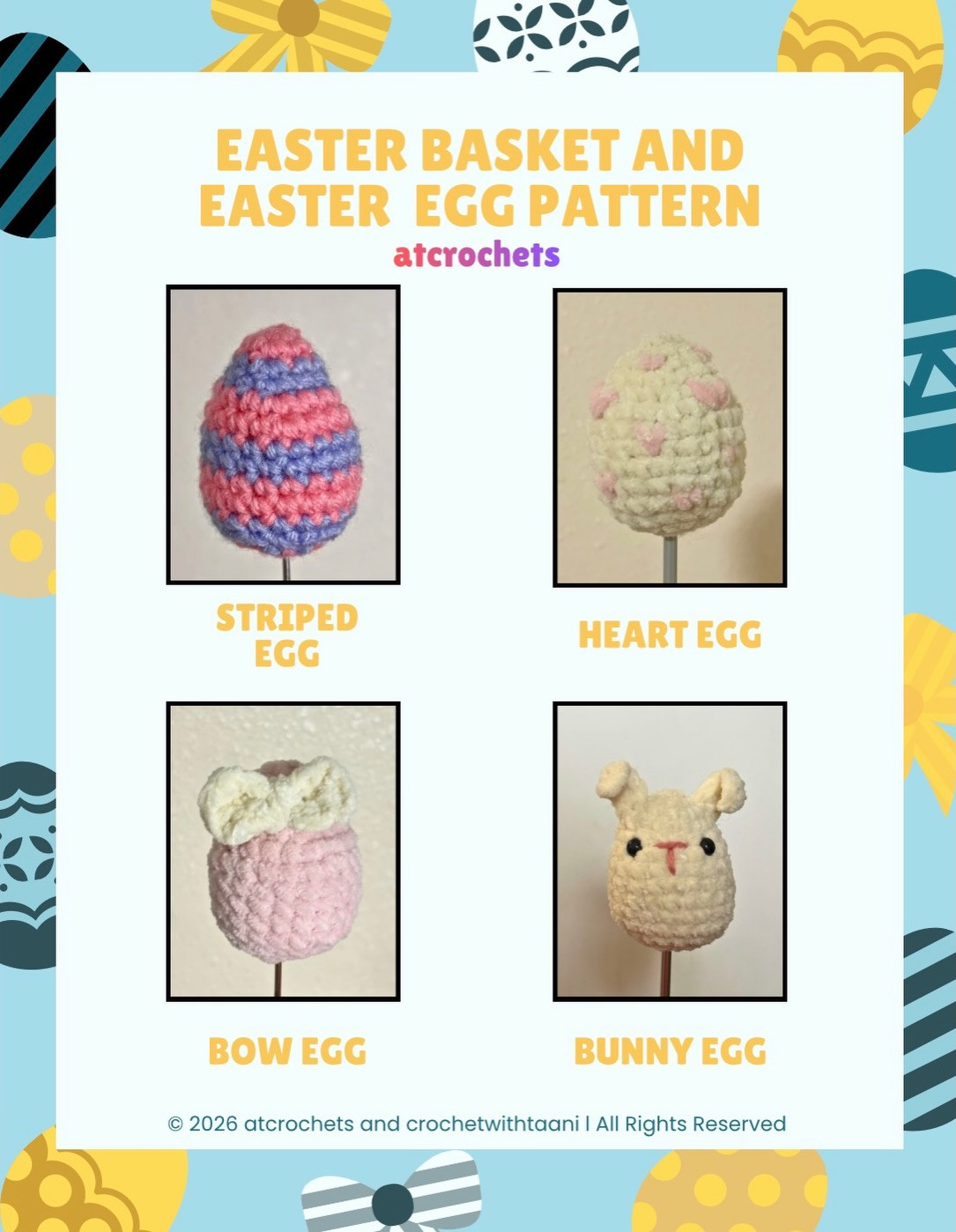 Free Easter Basket and Easter Egg Crochet Pattern: Striped, Heart, Bow, Bunny Eggs