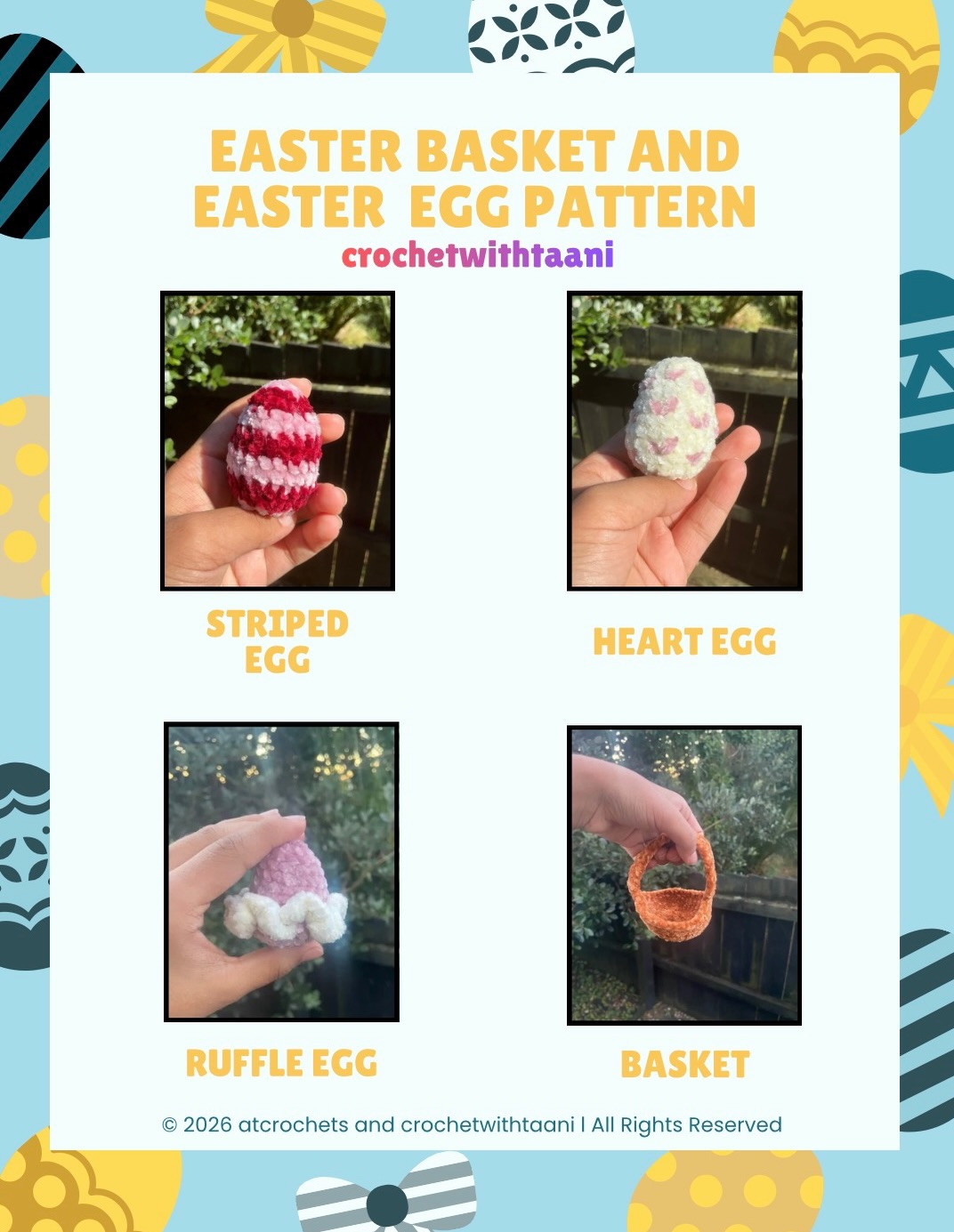 Free Easter Basket and Easter Egg Crochet Pattern: Striped, Heart, Bow, Bunny Eggs