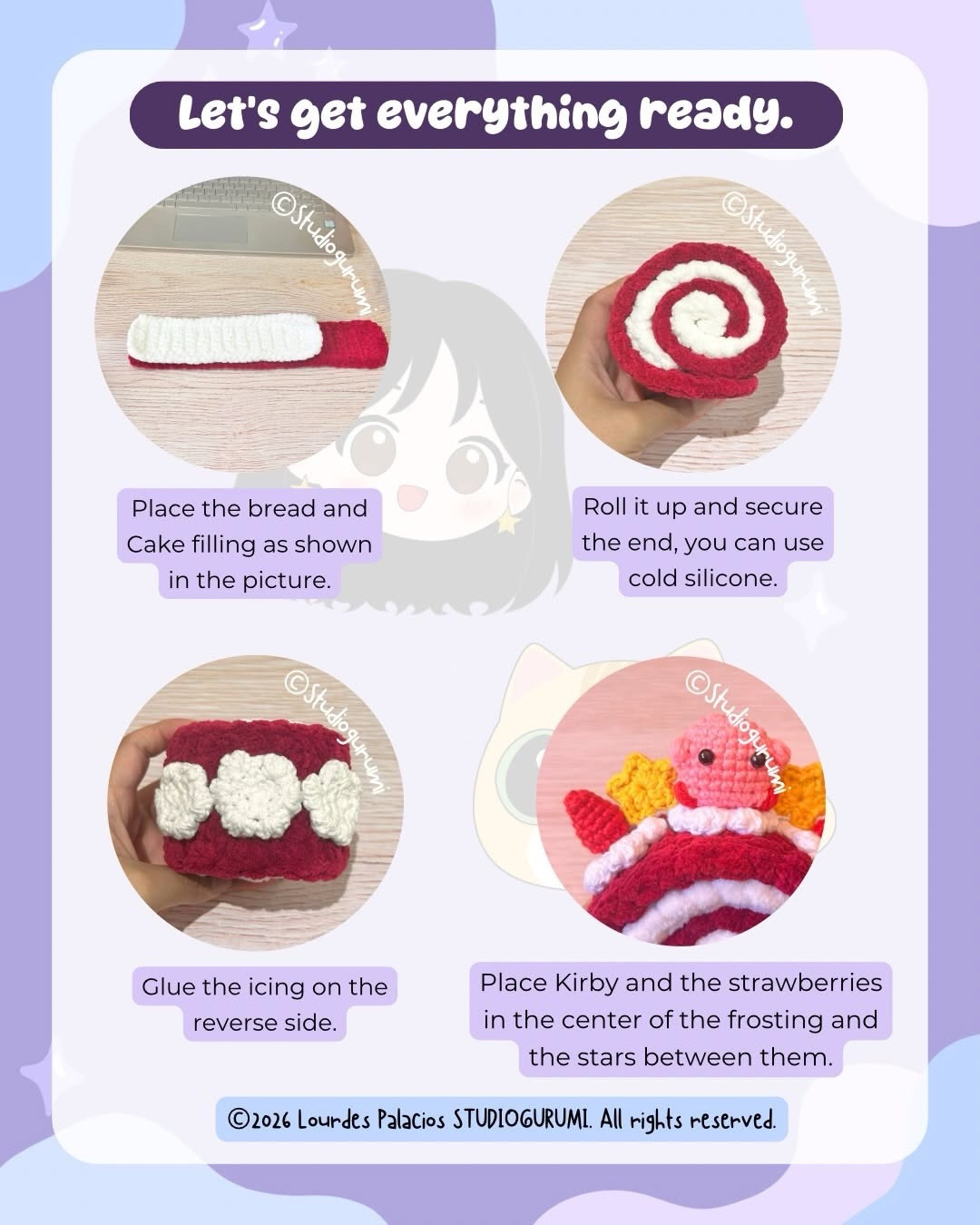 Free English Crochet Pattern: Kirby Roll Cake Amigurumi with Chenille and Cotton Yarn