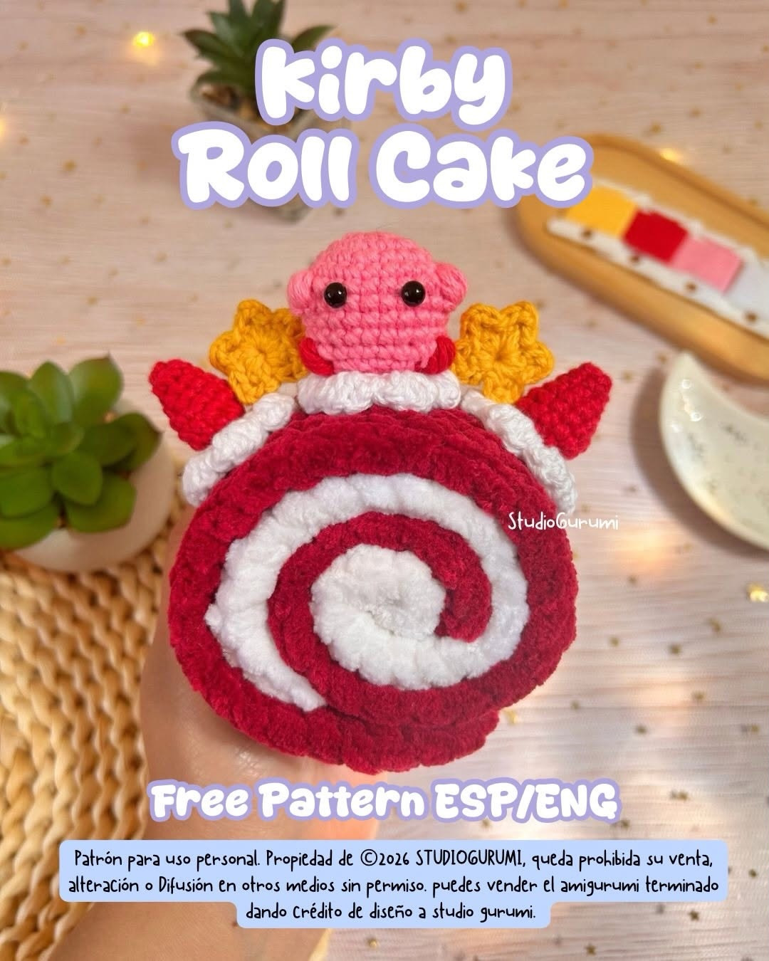 Free English Crochet Pattern: Kirby Roll Cake Amigurumi with Chenille and Cotton Yarn