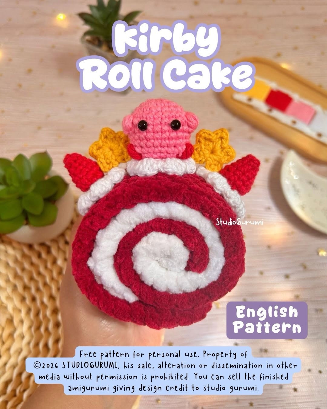 Free English Crochet Pattern: Kirby Roll Cake Amigurumi with Chenille and Cotton Yarn