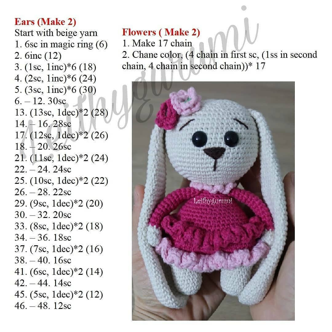 Free English Pattern: Cute Beige Bunny Amigurumi with Pink Dress and Flower