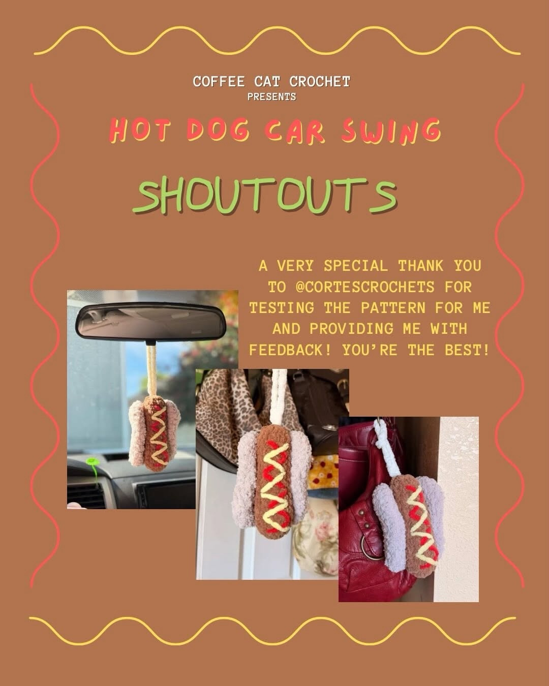 Free Hot Dog Car Swing Crochet Pattern by Coffee Cat Crochet