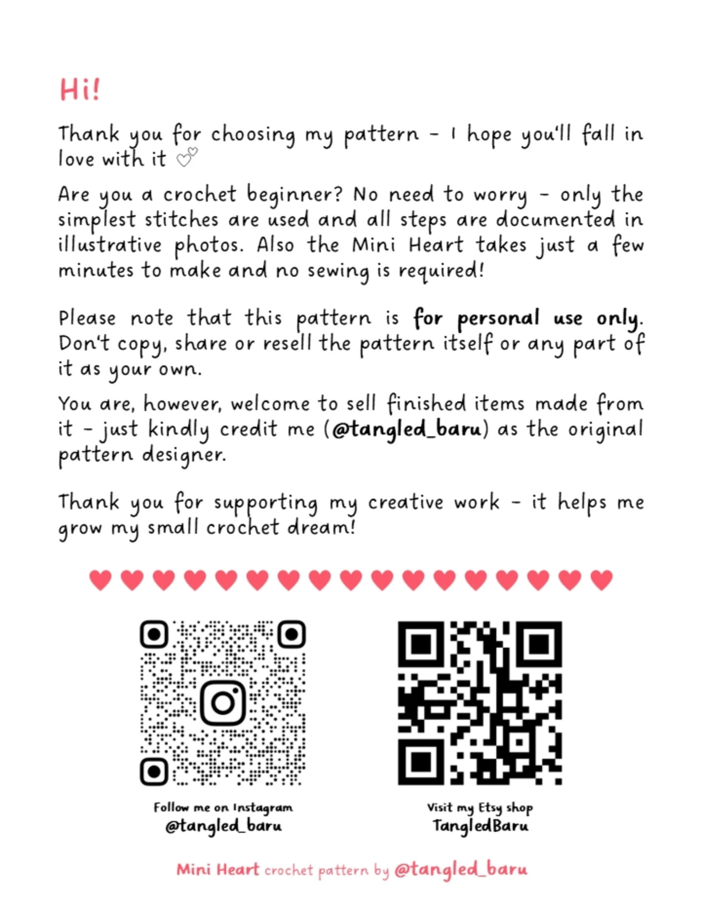 Free Mini Heart Crochet Pattern - No Sew Beginner Tutorial by Tangled Baru