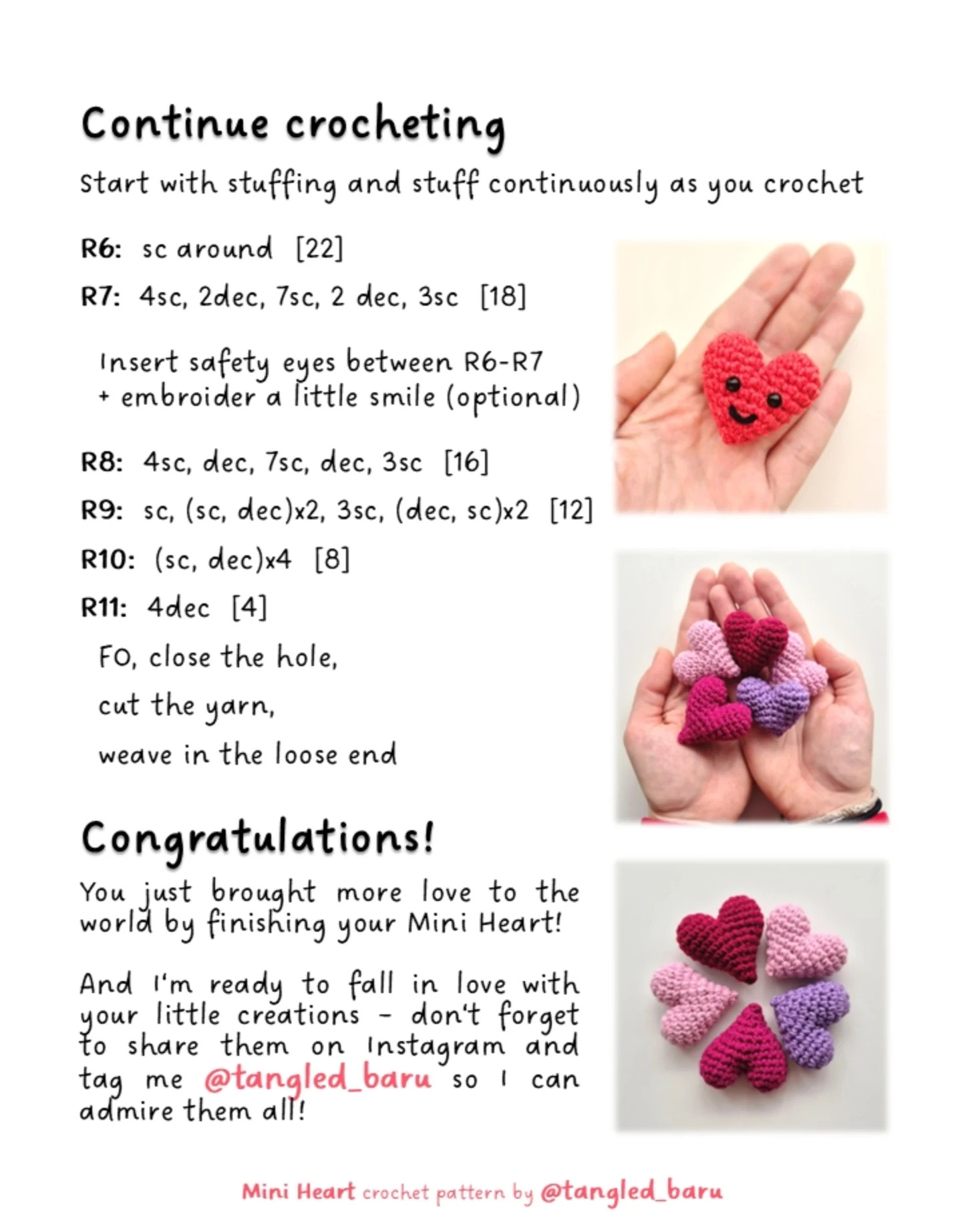 Free Mini Heart Crochet Pattern - No Sew Beginner Tutorial by Tangled Baru