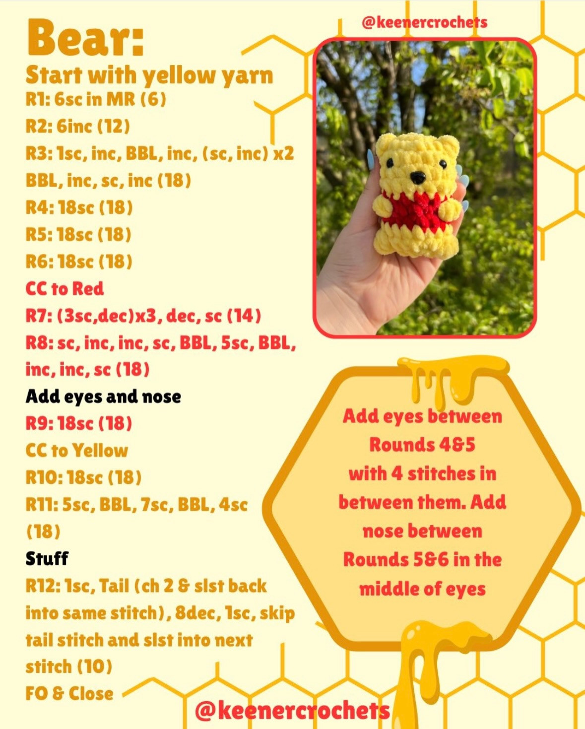 Free Mini Yellow Bear Crochet Pattern with Red Shirt by KeenerCrochets